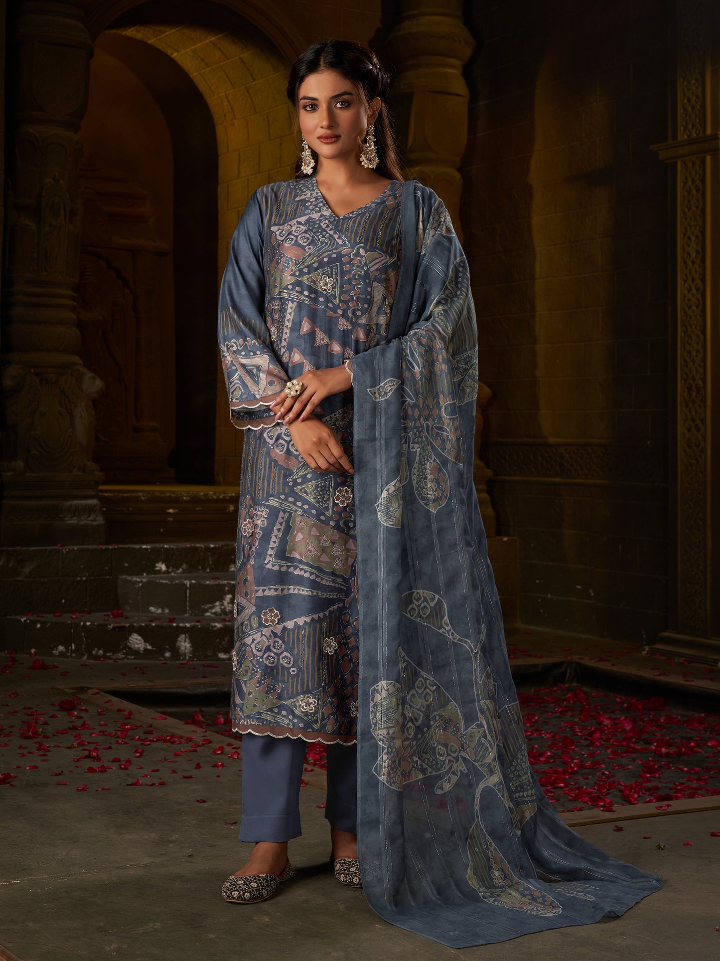 Enchanting Gulnaz Dusty Blue Pure Cotton Suit Set with Exquisite Handwork