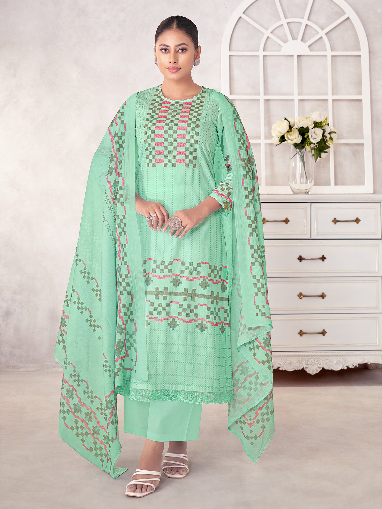 MAGIC STRIPE LIGHT TEAL Pure Cotton Unstitched Set with Exquisite Handwork & Elegant Embroidery