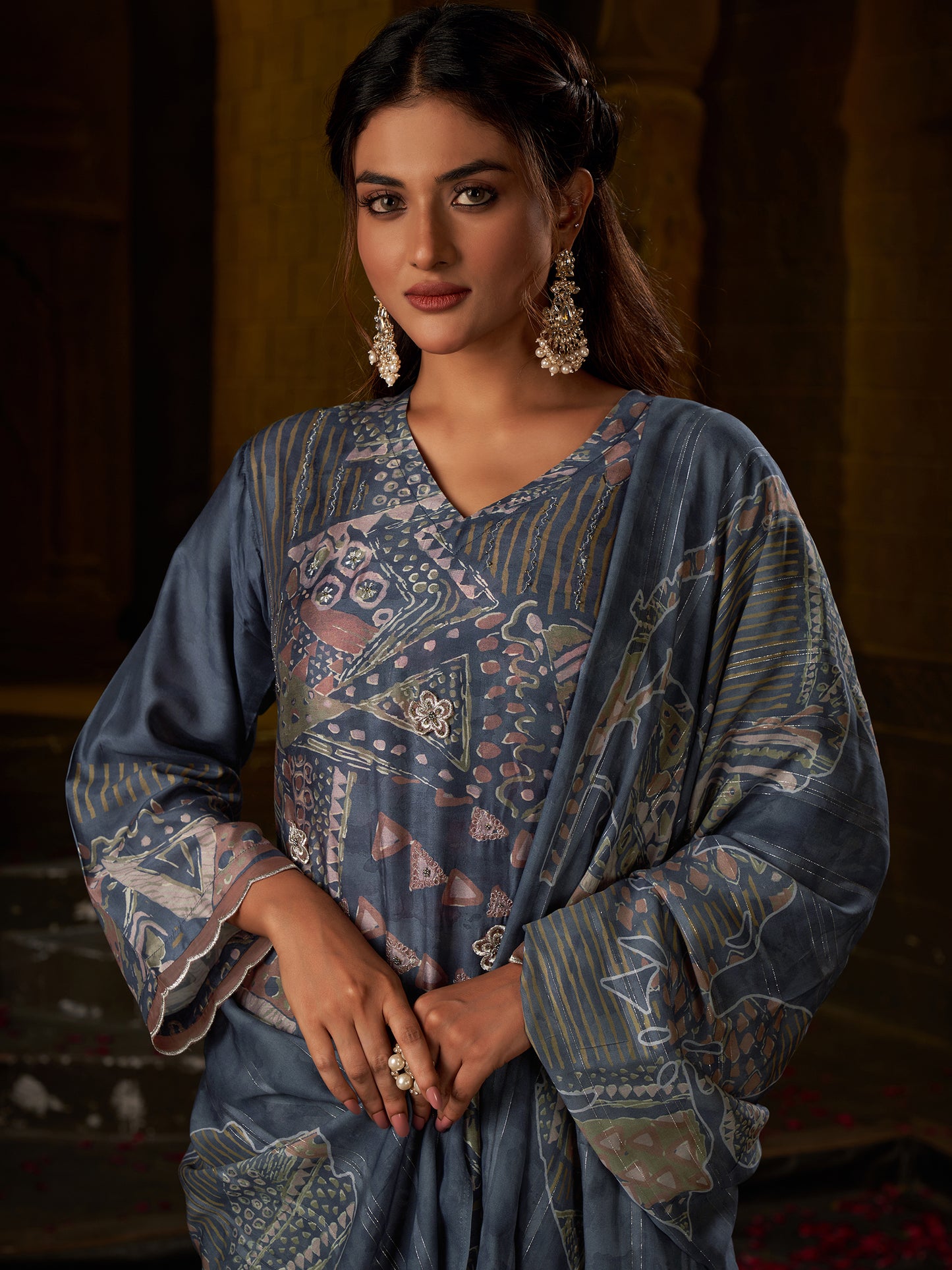Enchanting Gulnaz Dusty Blue Pure Cotton Suit Set with Exquisite Handwork