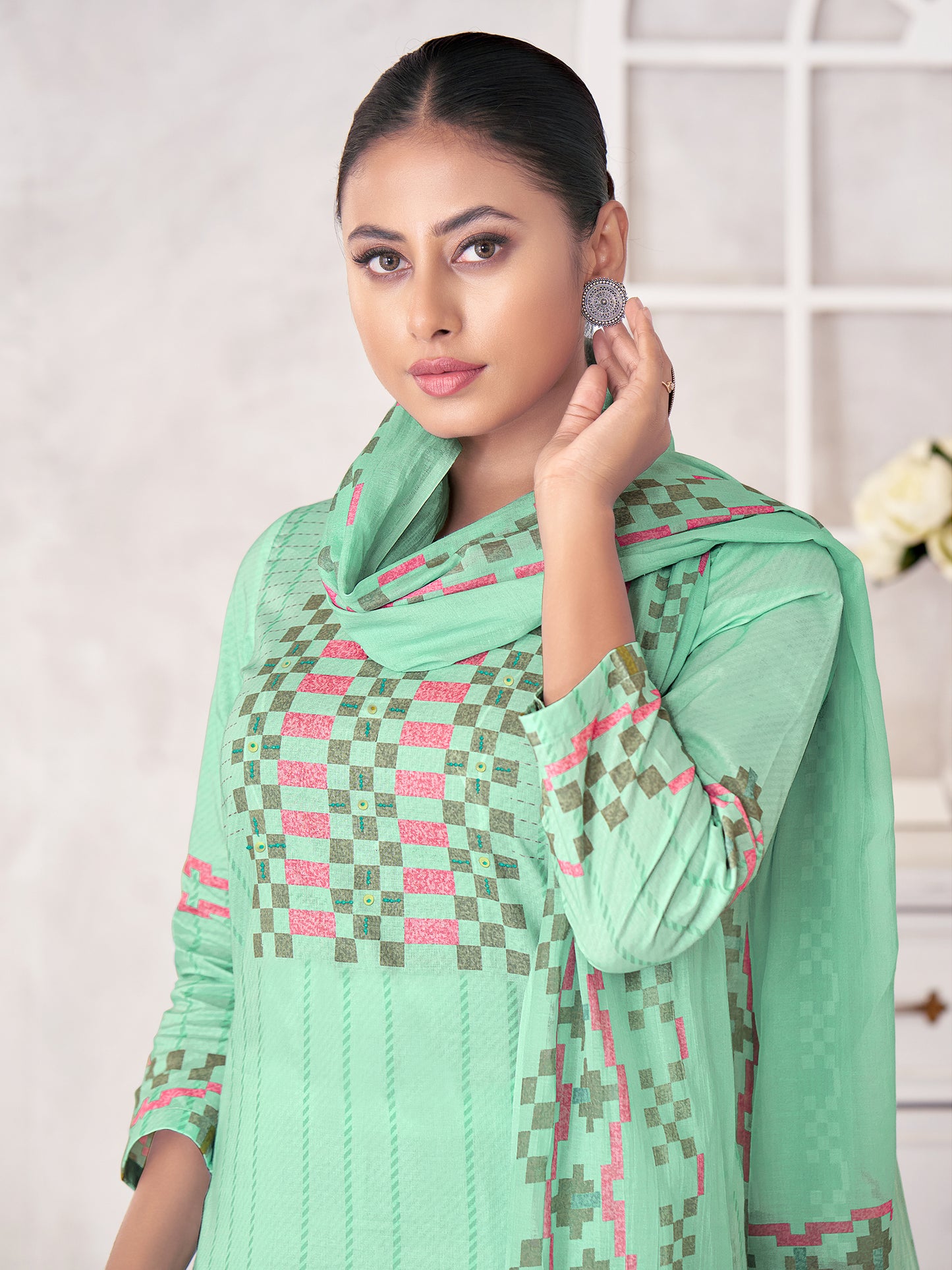 MAGIC STRIPE LIGHT TEAL Pure Cotton Unstitched Set with Exquisite Handwork & Elegant Embroidery