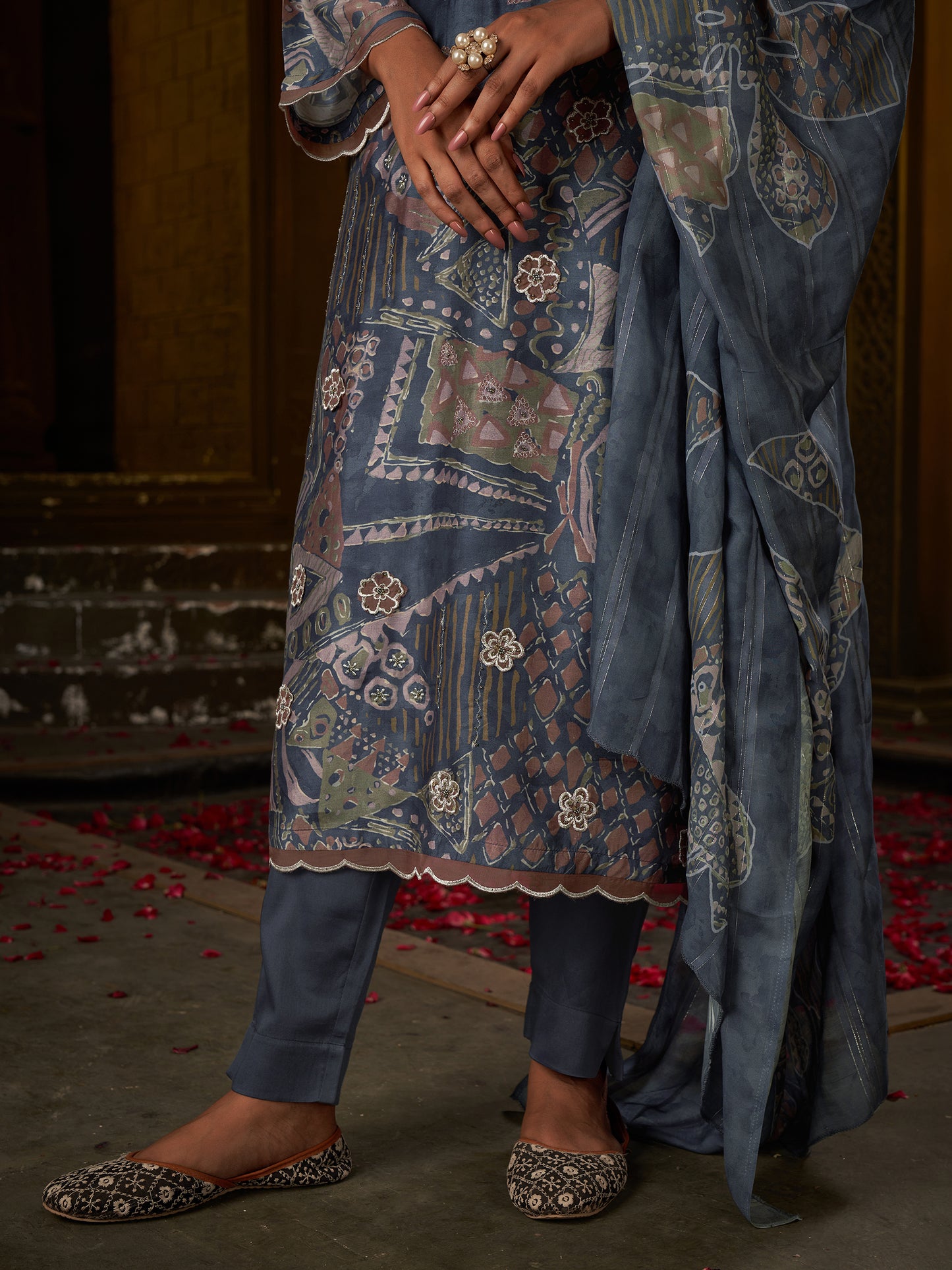 Enchanting Gulnaz Dusty Blue Pure Cotton Suit Set with Exquisite Handwork