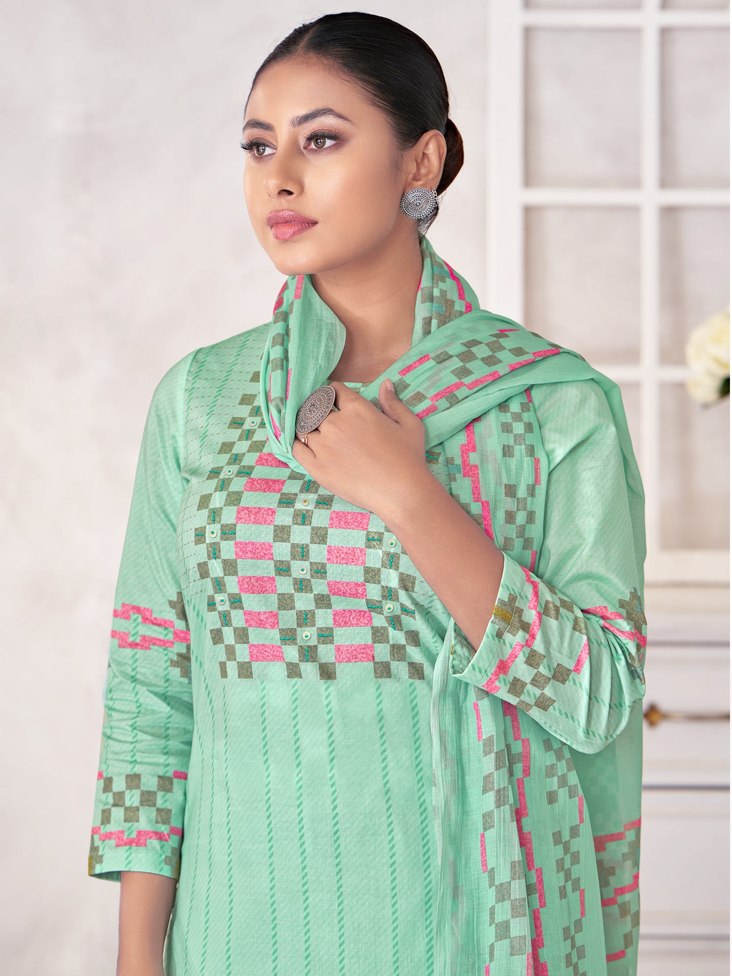 MAGIC STRIPE LIGHT TEAL Pure Cotton Unstitched Set with Exquisite Handwork & Elegant Embroidery