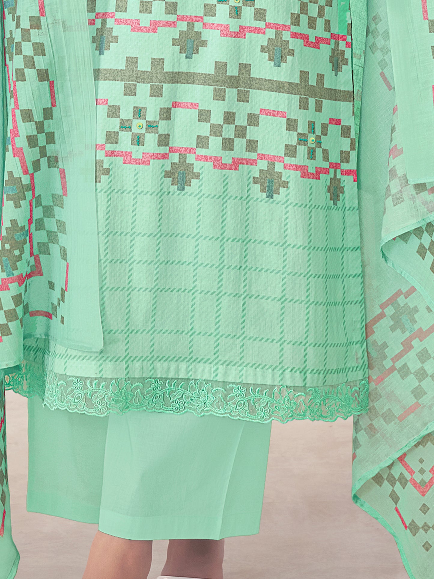 MAGIC STRIPE LIGHT TEAL Pure Cotton Unstitched Set with Exquisite Handwork & Elegant Embroidery