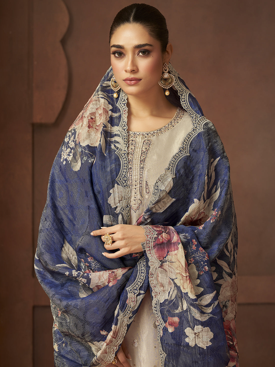MAHNOOR Blue Fancy Jaquard Suit Set Hand work