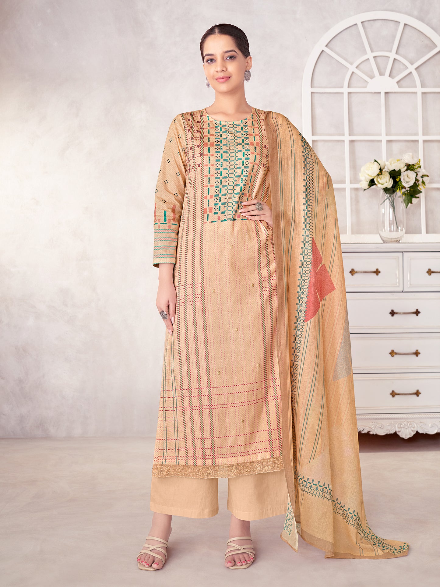 MAGIC STRIPE BEIGE Pure Cotton Unstitched Set with Exquisite Handwork & Elegant Embroidery