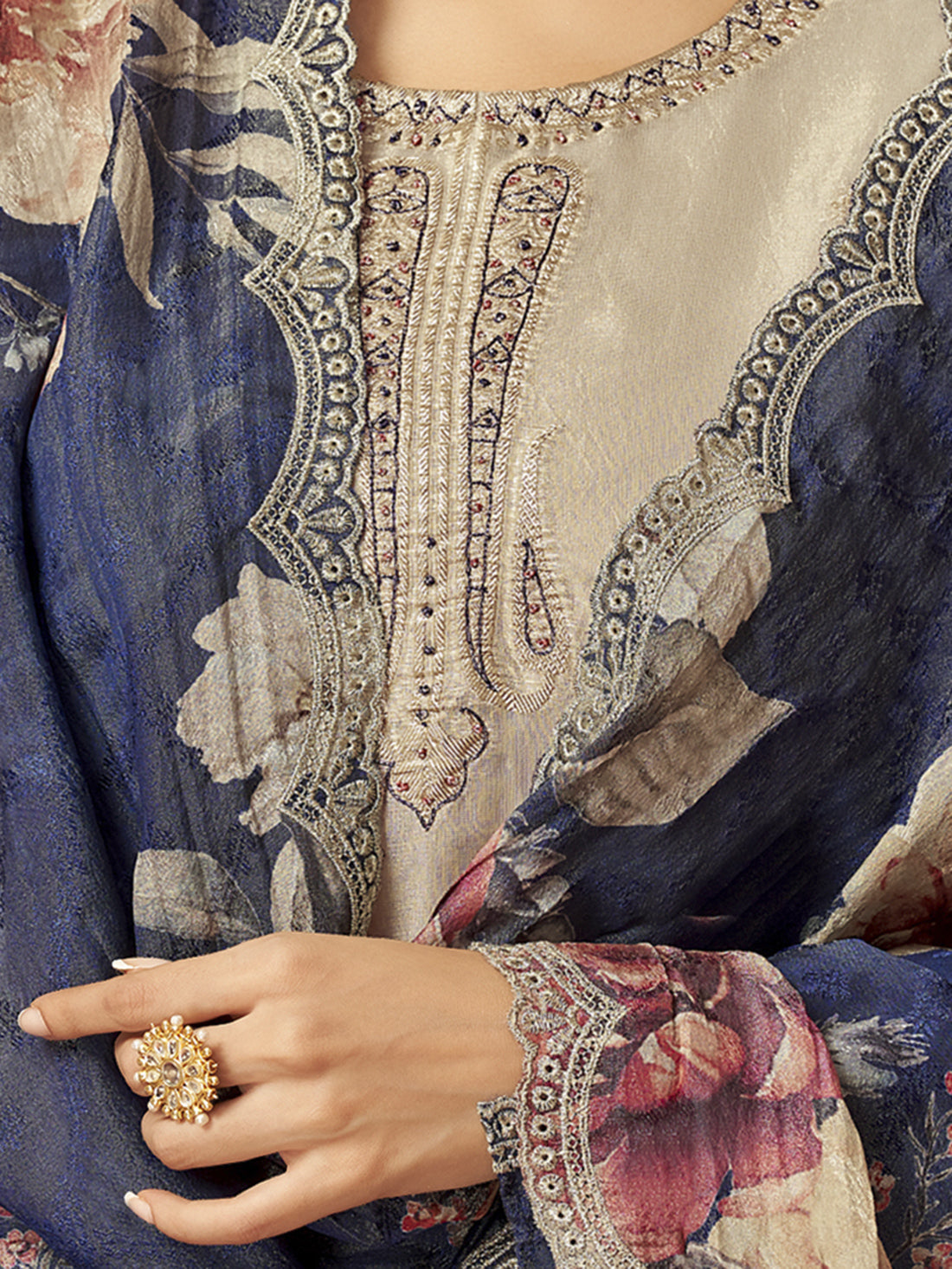 MAHNOOR Blue Fancy Jaquard Suit Set Hand work