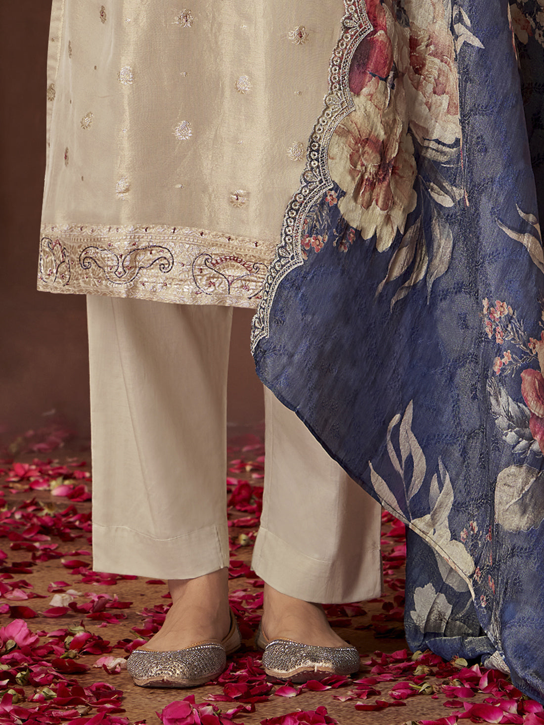 MAHNOOR Blue Fancy Jaquard Suit Set Hand work