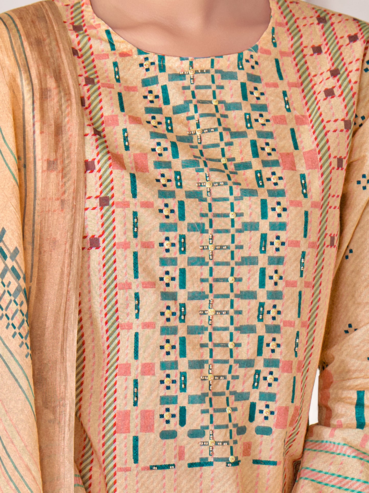 MAGIC STRIPE BEIGE Pure Cotton Unstitched Set with Exquisite Handwork & Elegant Embroidery