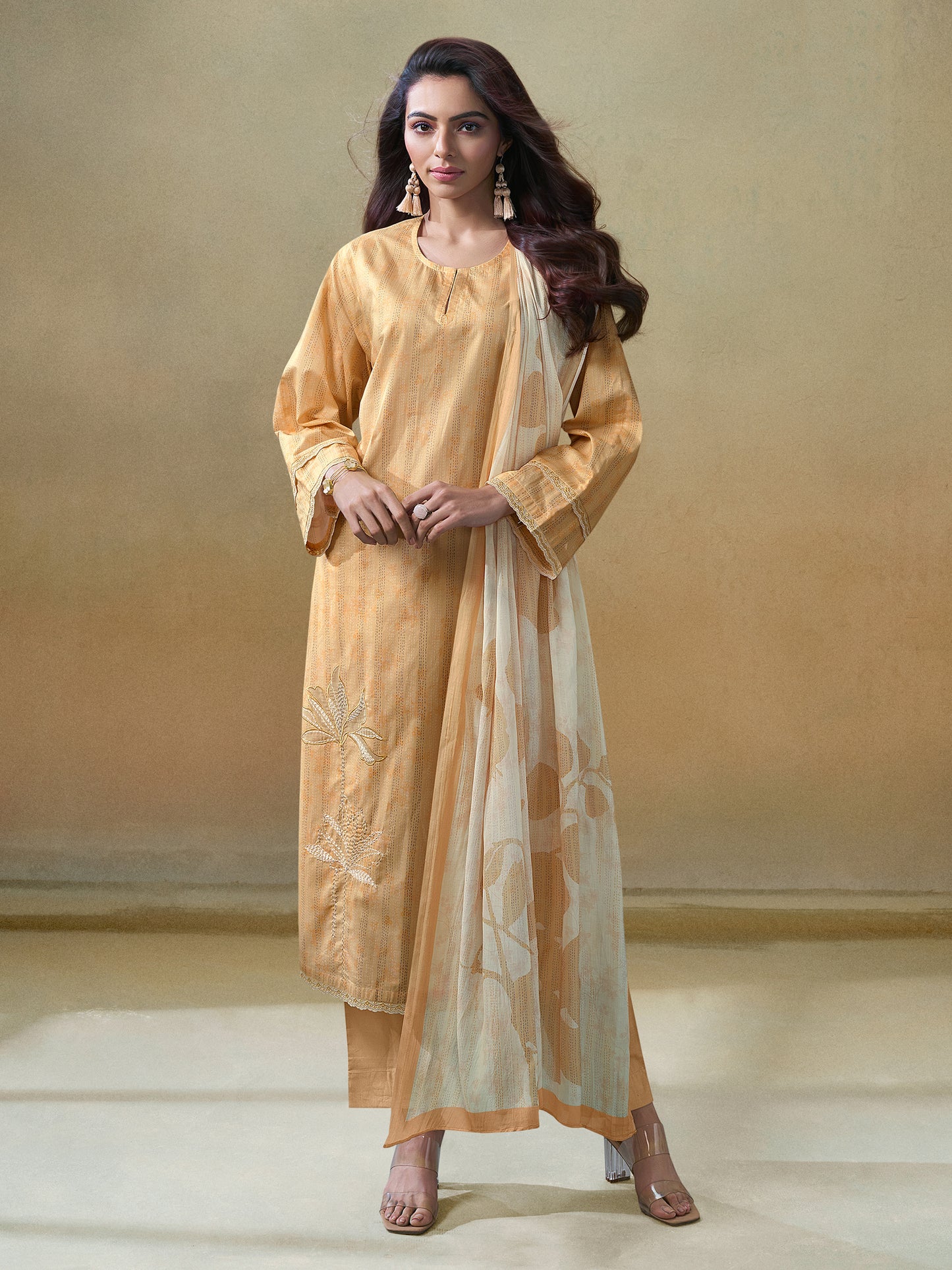 KANTHA Mustard Pure Cotton Unstitched Set with Beautiful Embroidery & Threadlework