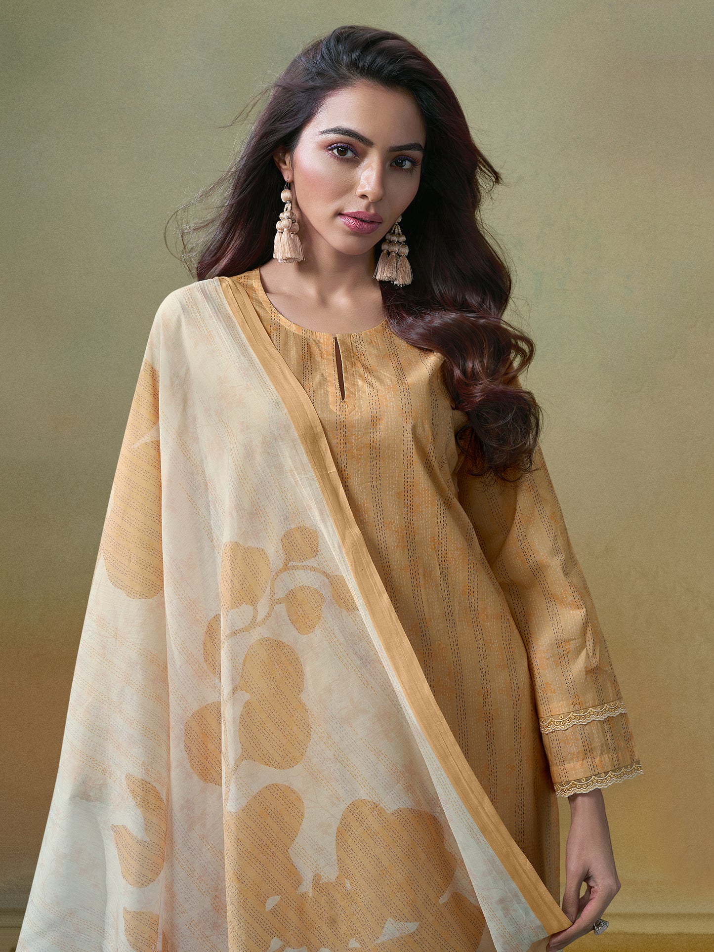 KANTHA Mustard Pure Cotton Unstitched Set with Beautiful Embroidery & Threadlework