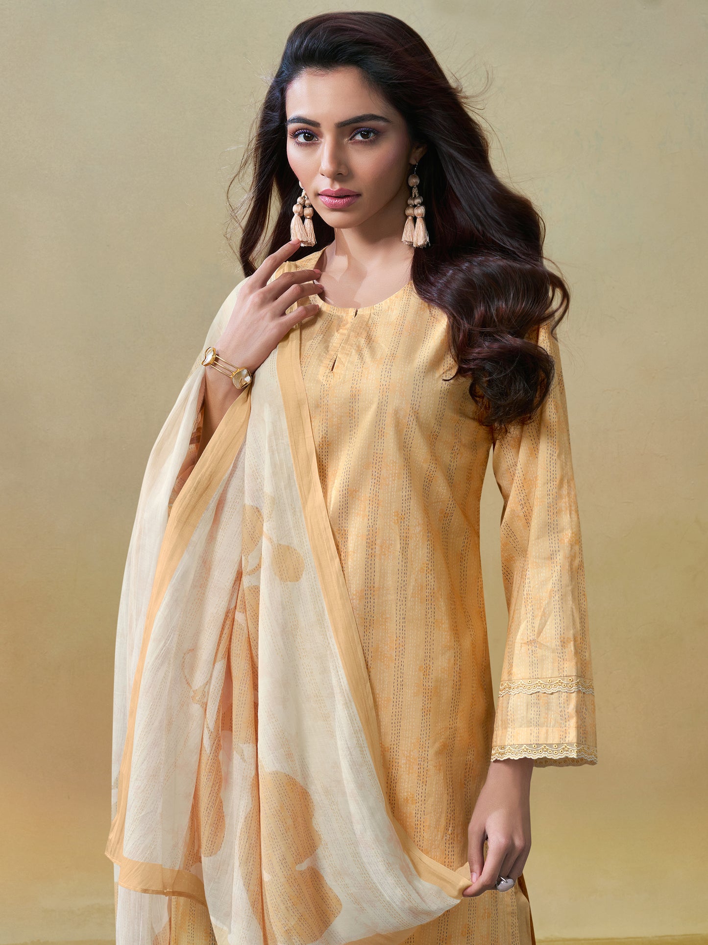 KANTHA Mustard Pure Cotton Unstitched Set with Beautiful Embroidery & Threadlework