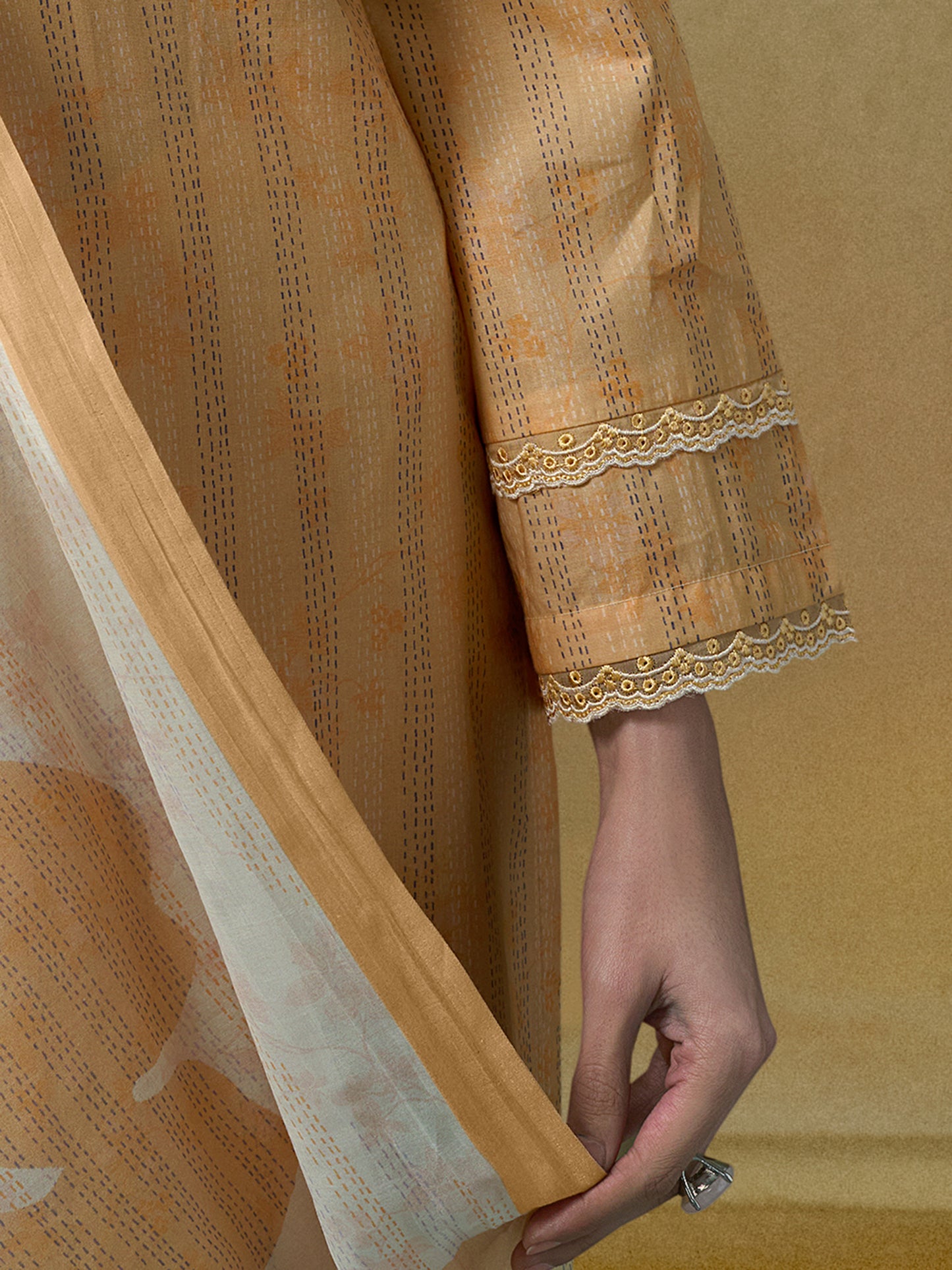 KANTHA Mustard Pure Cotton Unstitched Set with Beautiful Embroidery & Threadlework