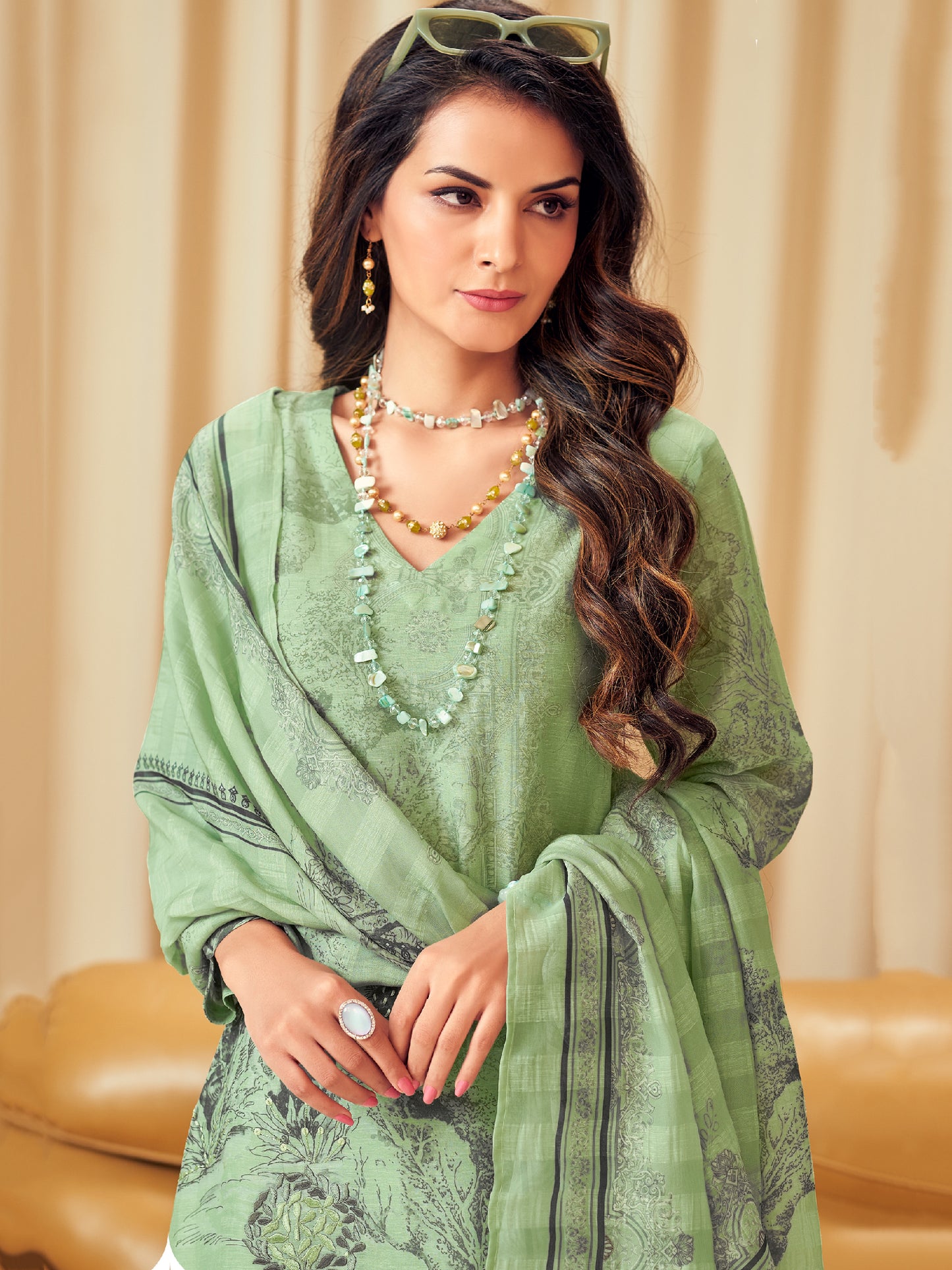 NISHIKA MINT GREEN Pure Linen Unstitched Set with Elegant Handwork & Embroidery