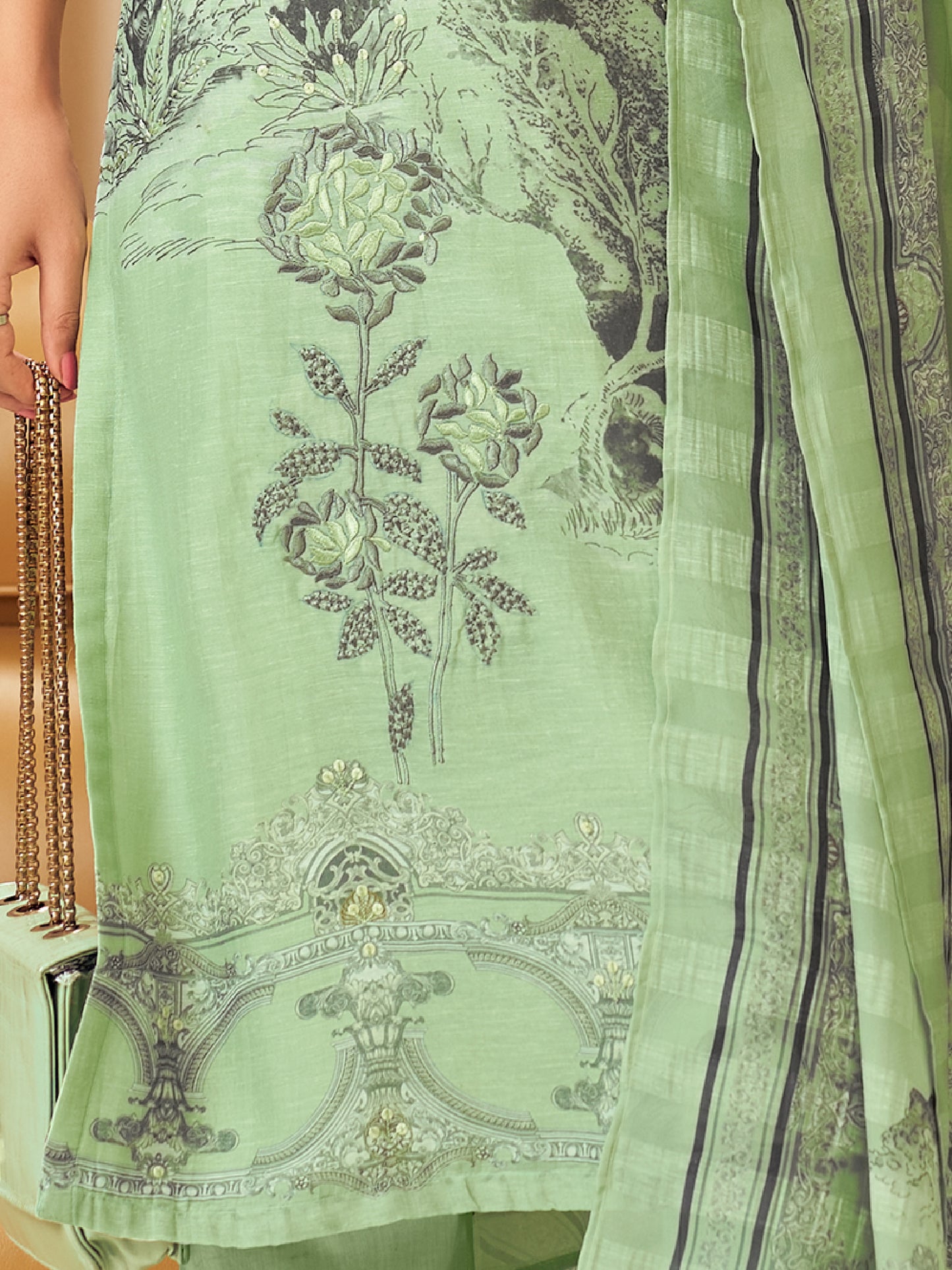 NISHIKA MINT GREEN Pure Linen Unstitched Set with Elegant Handwork & Embroidery
