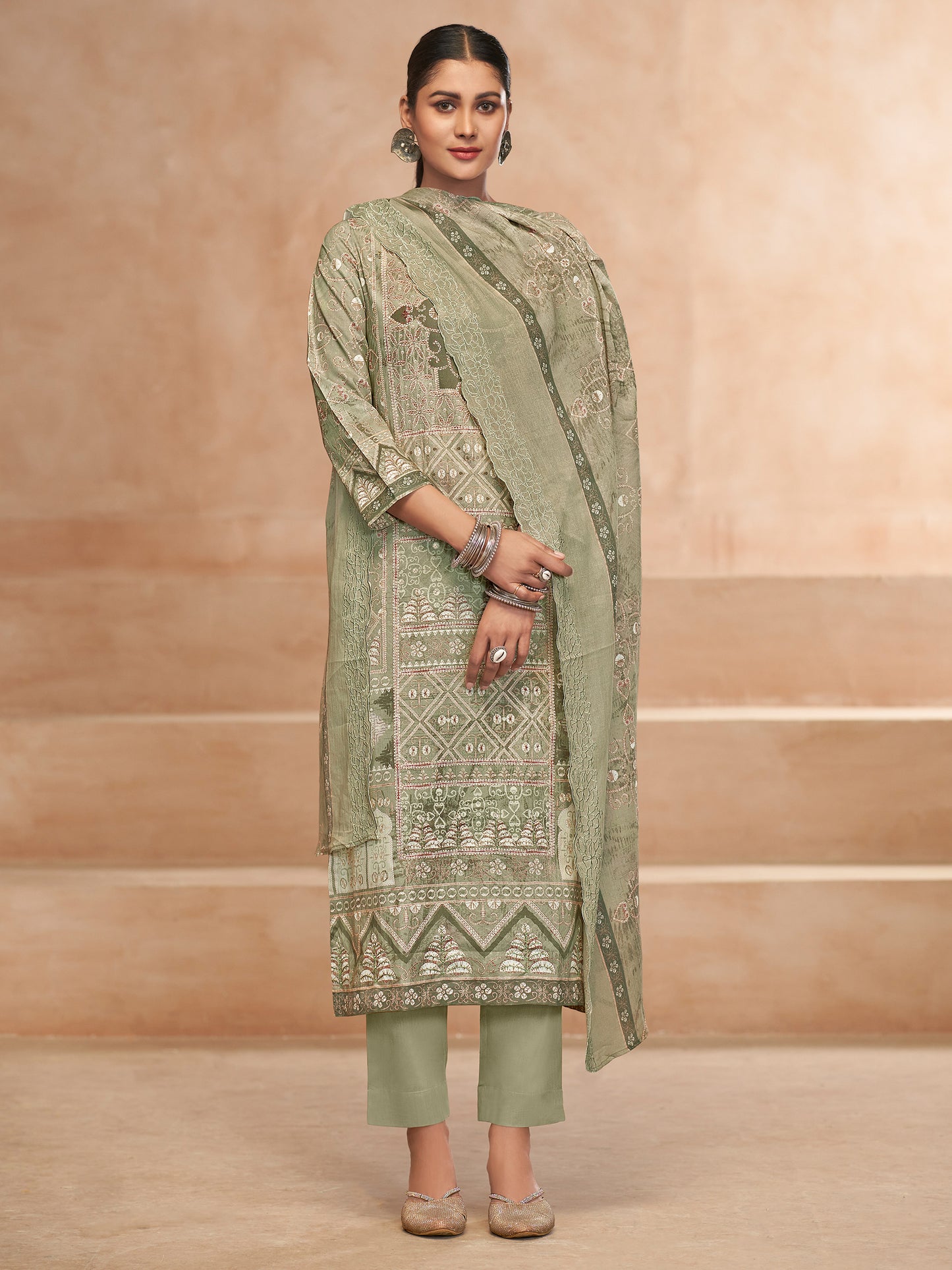 YASHLEEN SAGAGREEN Pure Cotton Unstitched Set with Elegant Handwork