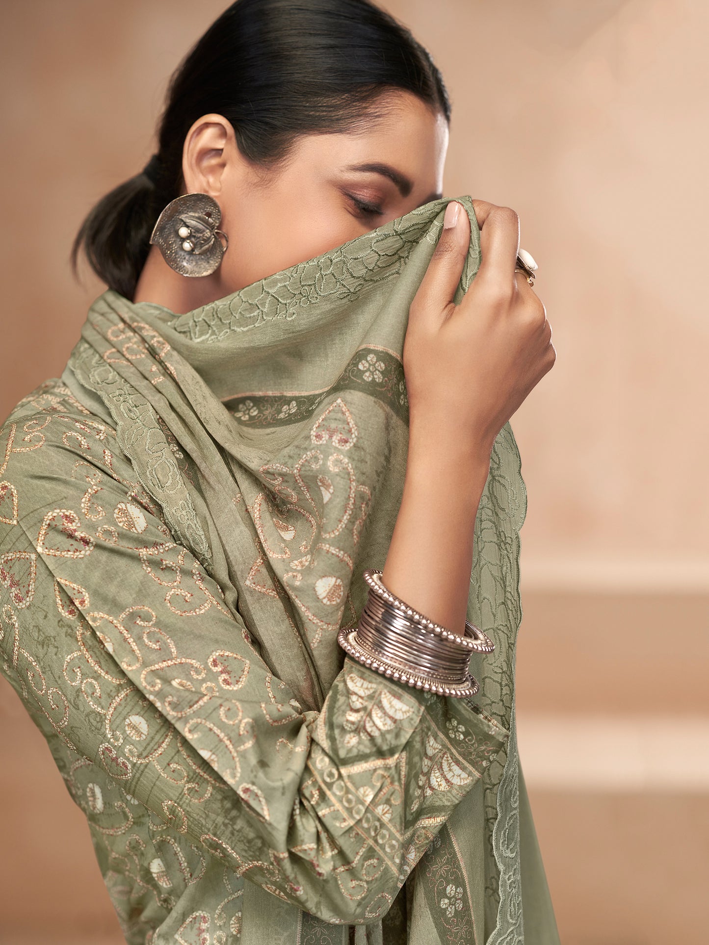 YASHLEEN SAGAGREEN Pure Cotton Unstitched Set with Elegant Handwork