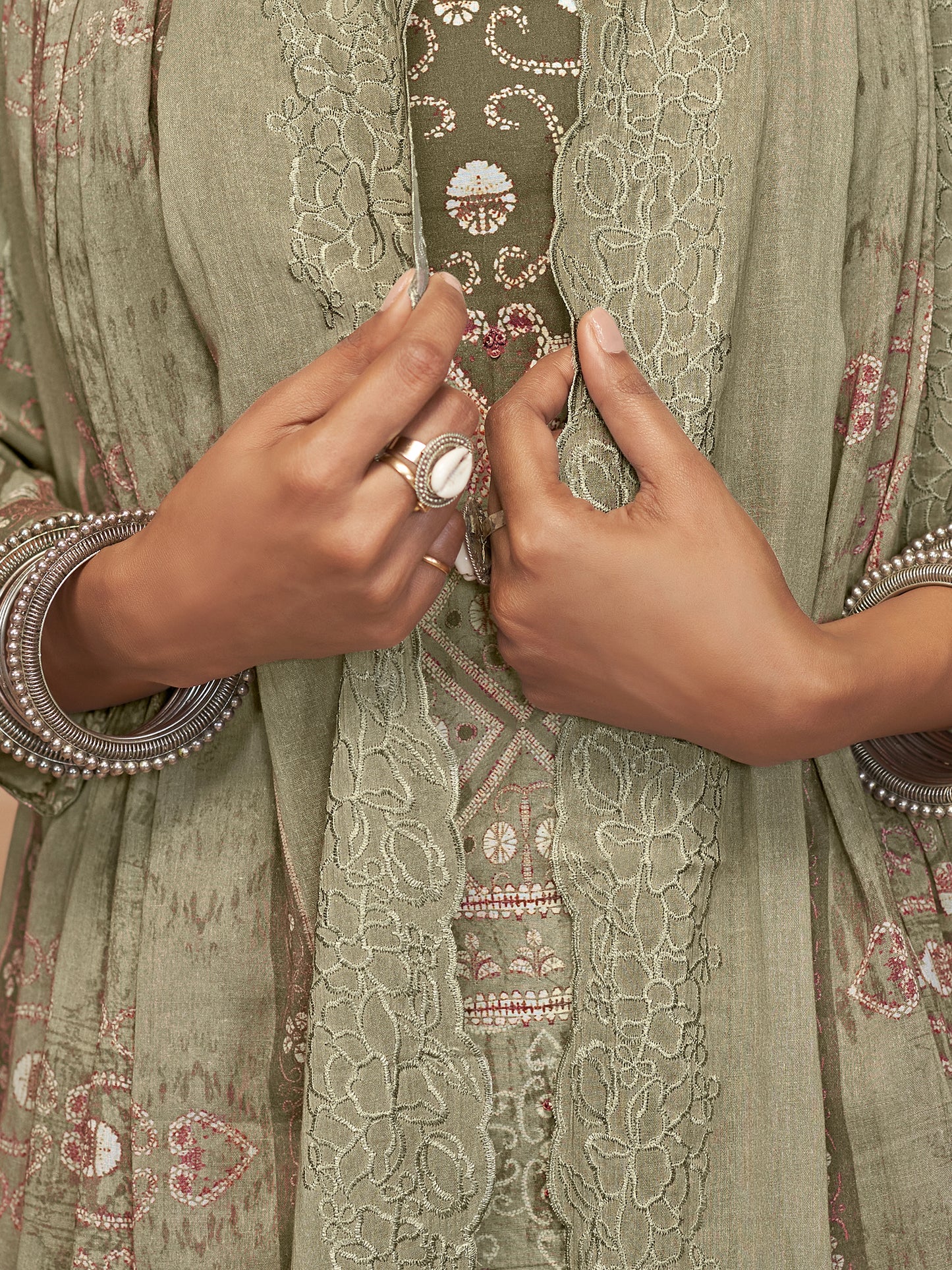 YASHLEEN SAGAGREEN Pure Cotton Unstitched Set with Elegant Handwork