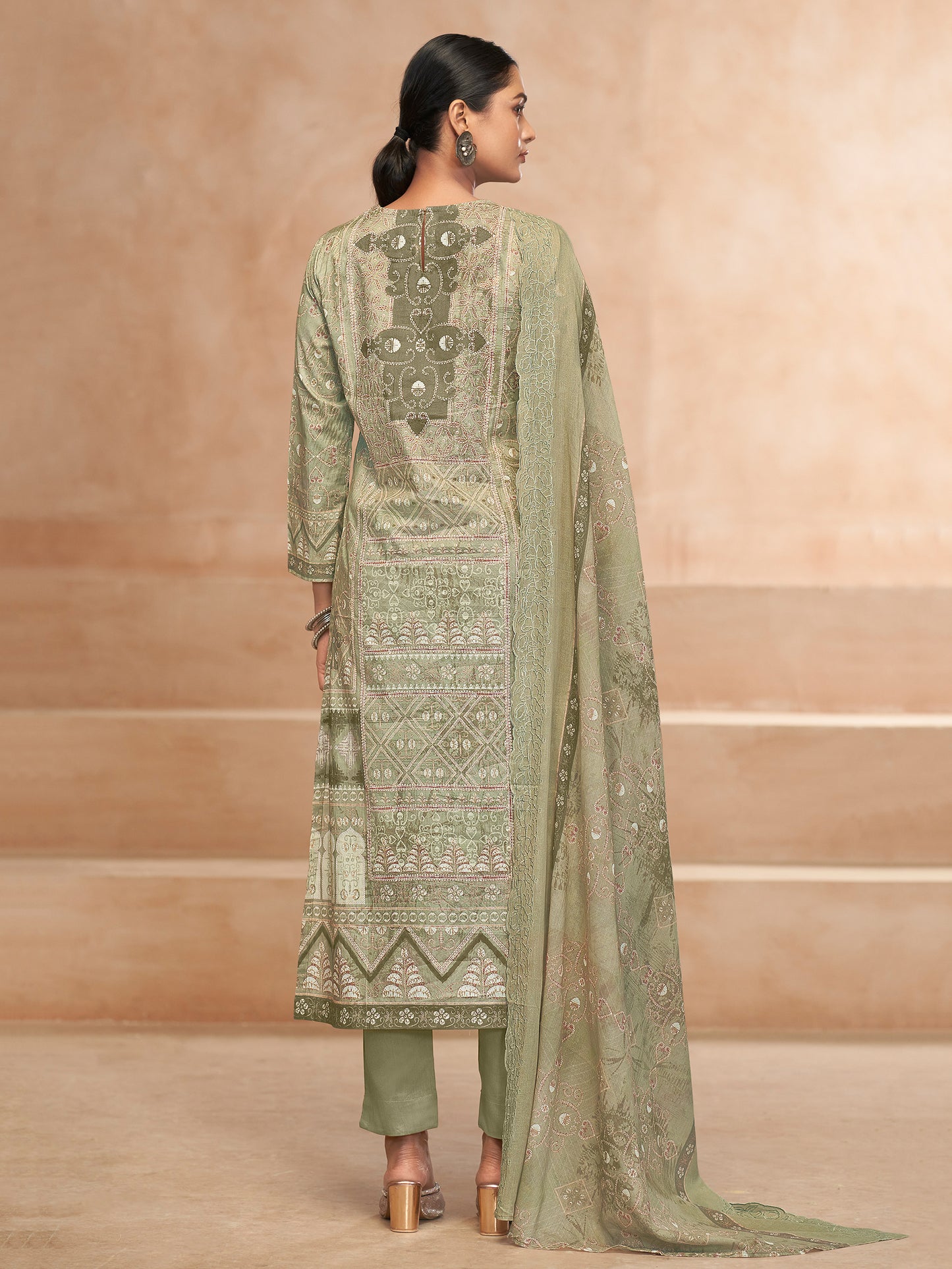 YASHLEEN SAGAGREEN Pure Cotton Unstitched Set with Elegant Handwork