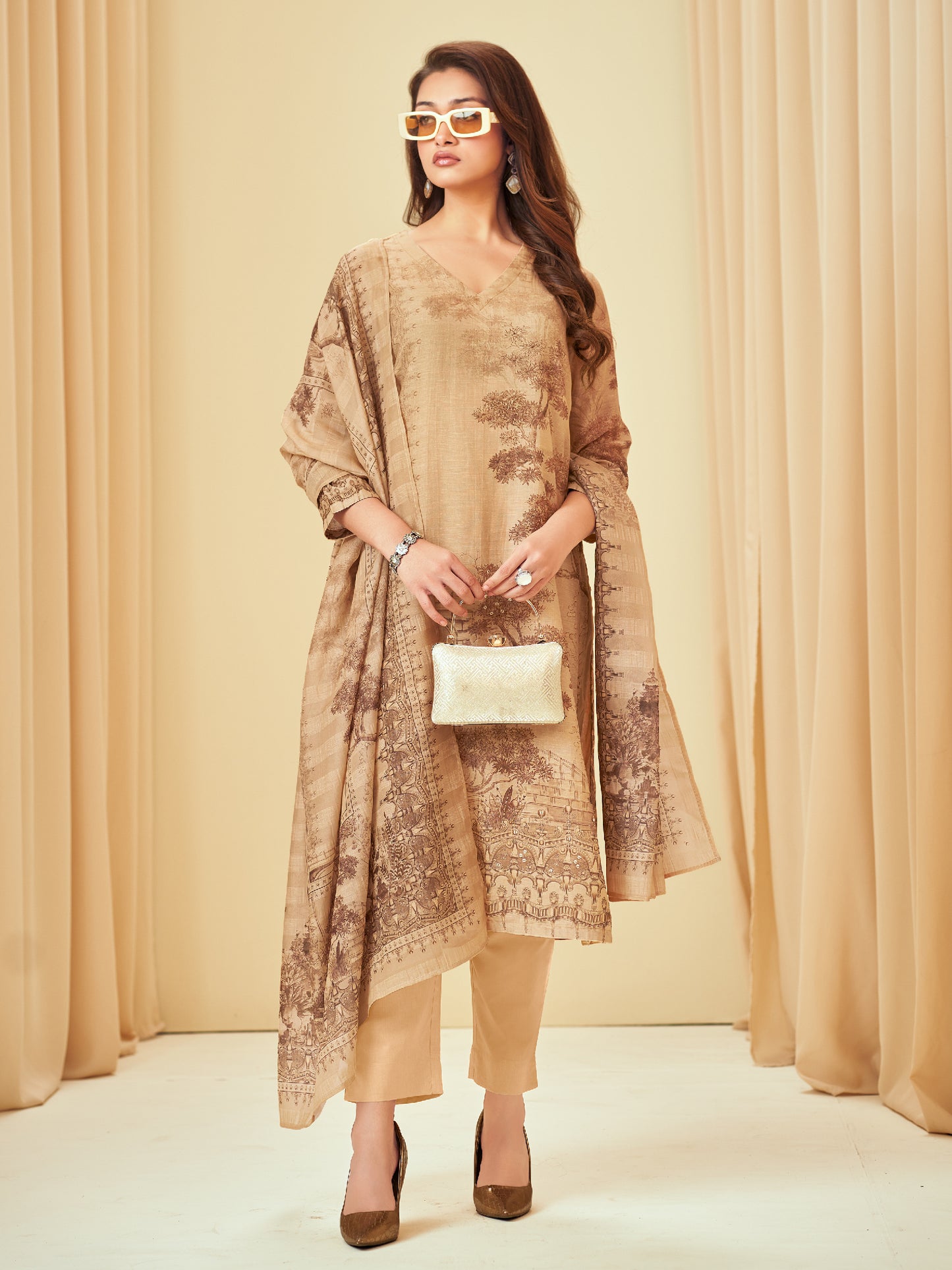 NISHIKA GOLDEN BEIGE Pure Linen Unstitched Set with Elegant Handwork & Embroidery