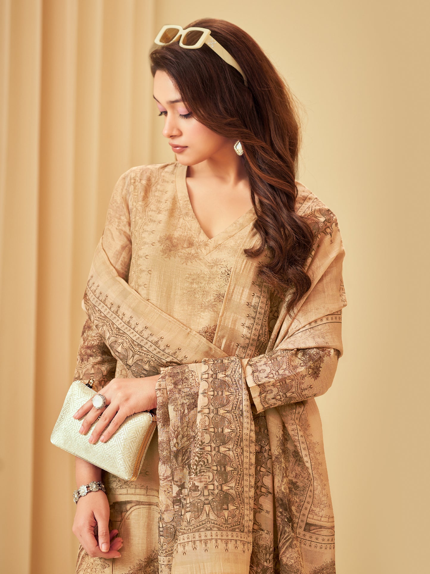 NISHIKA GOLDEN BEIGE Pure Linen Unstitched Set with Elegant Handwork & Embroidery