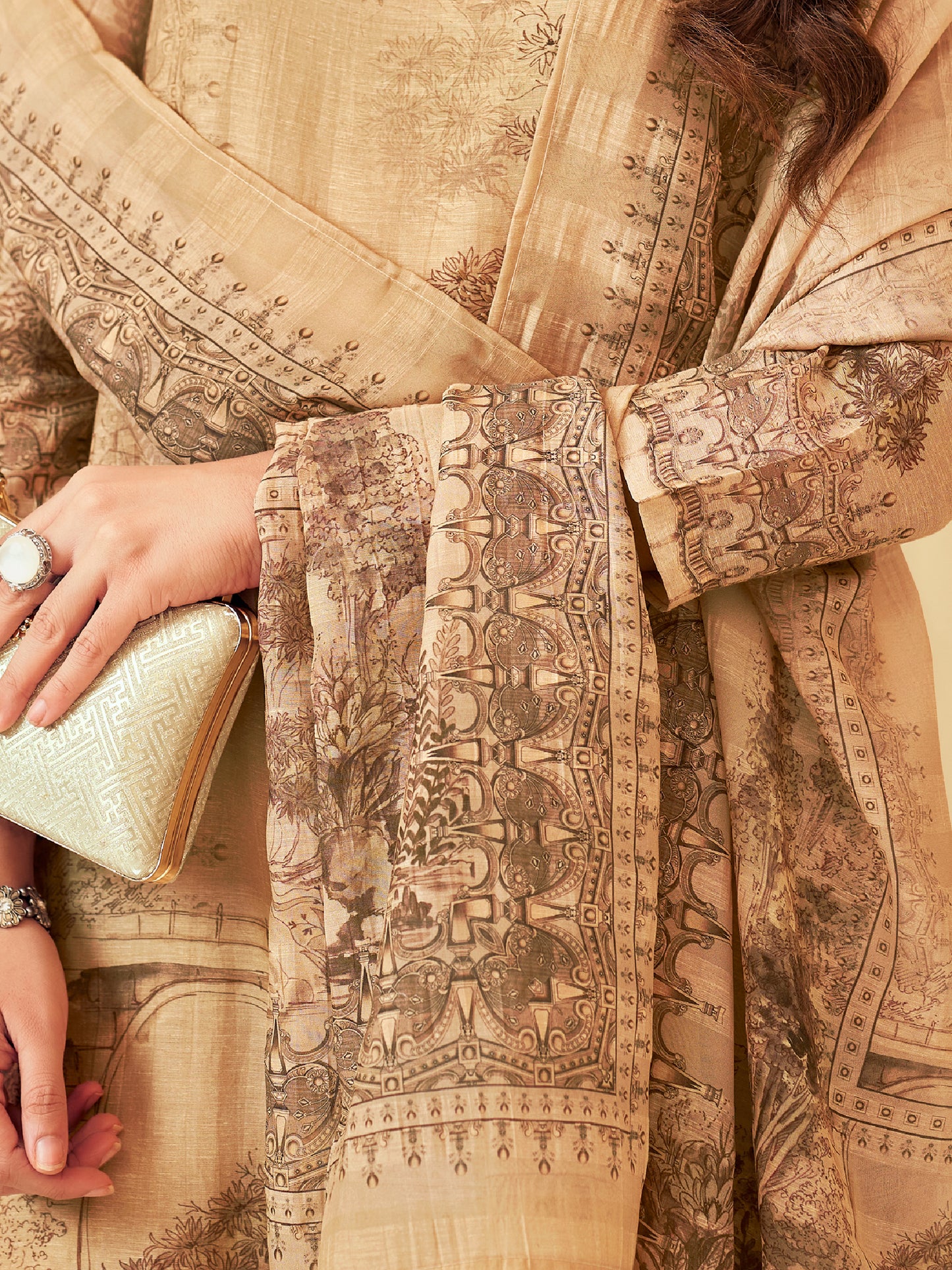 NISHIKA GOLDEN BEIGE Pure Linen Unstitched Set with Elegant Handwork & Embroidery