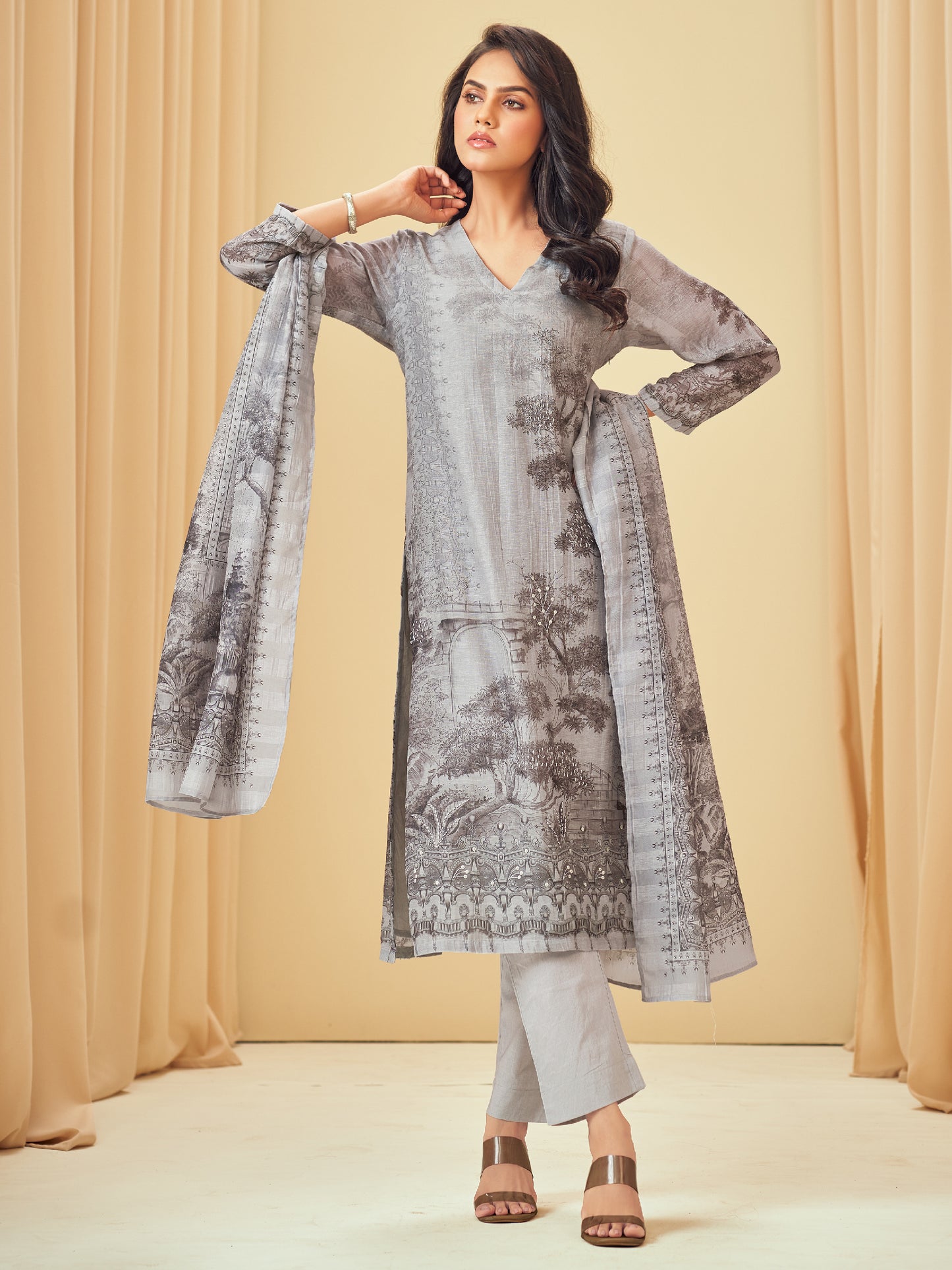 NISHIKA SILVER GREY Pure Linen Suit Set with Elegant Handwork & Embroidery