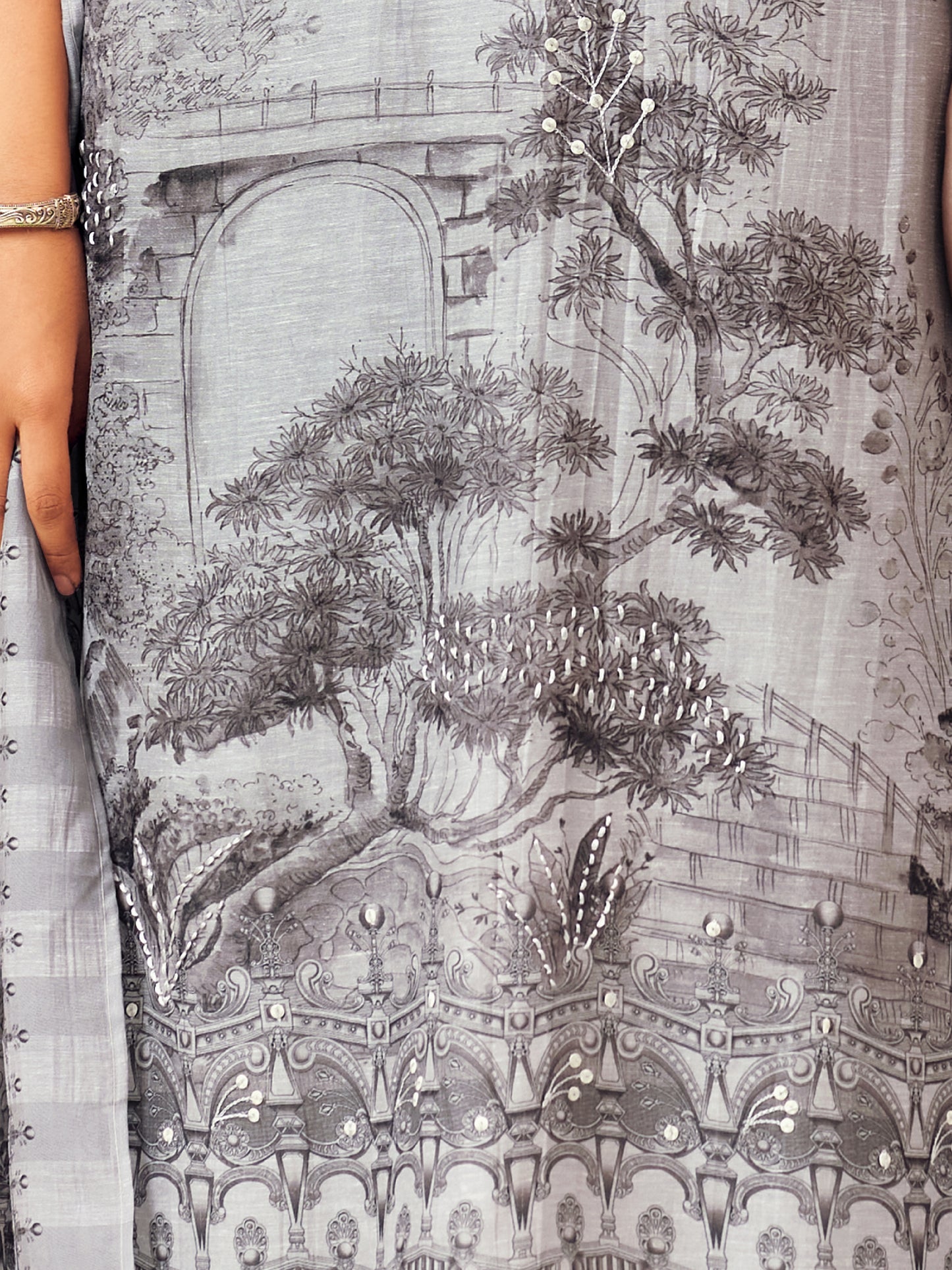 NISHIKA SILVER GREY Pure Linen Unstitched Set with Elegant Handwork & Embroidery