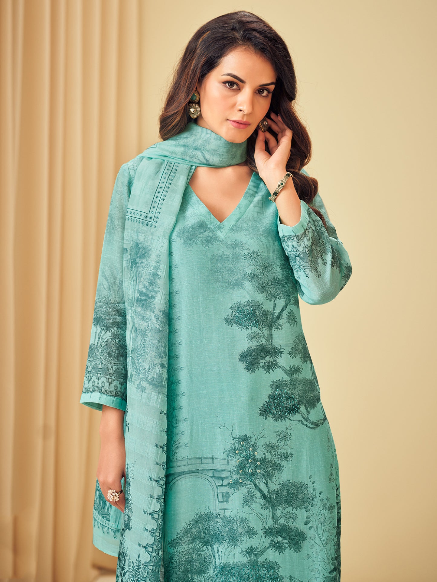 NISHIKA TEAL BLUE Pure Linen Suit Set with Elegant Handwork & Embroidery