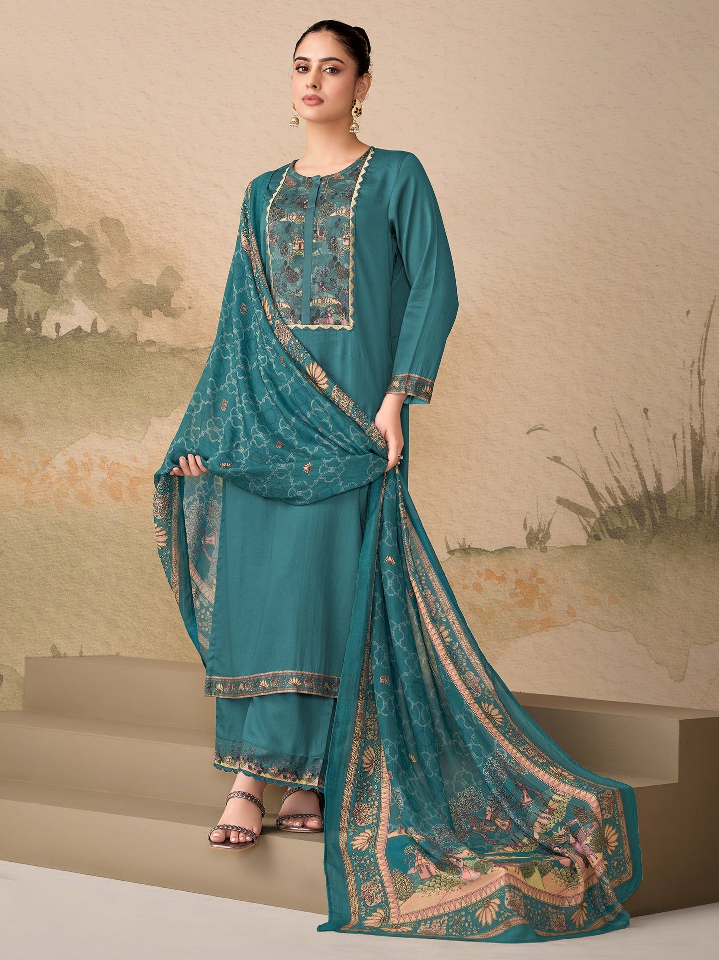 Kiyari Elegance Pure Cosmos Satin Kurta Unstitched Set with Dupatta