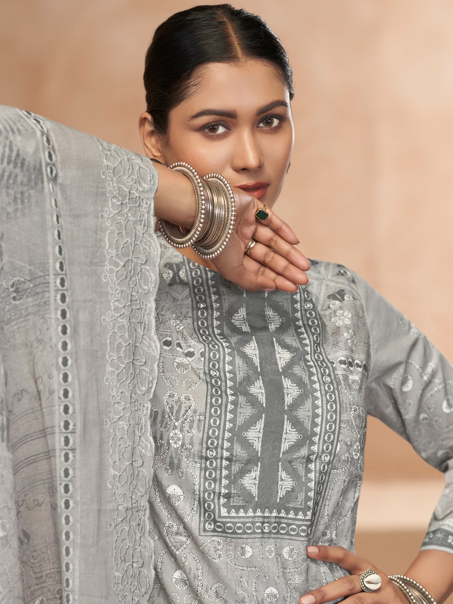 YASHLEEN GREY Pure Cotton Suit Set with Elegant Handwork
