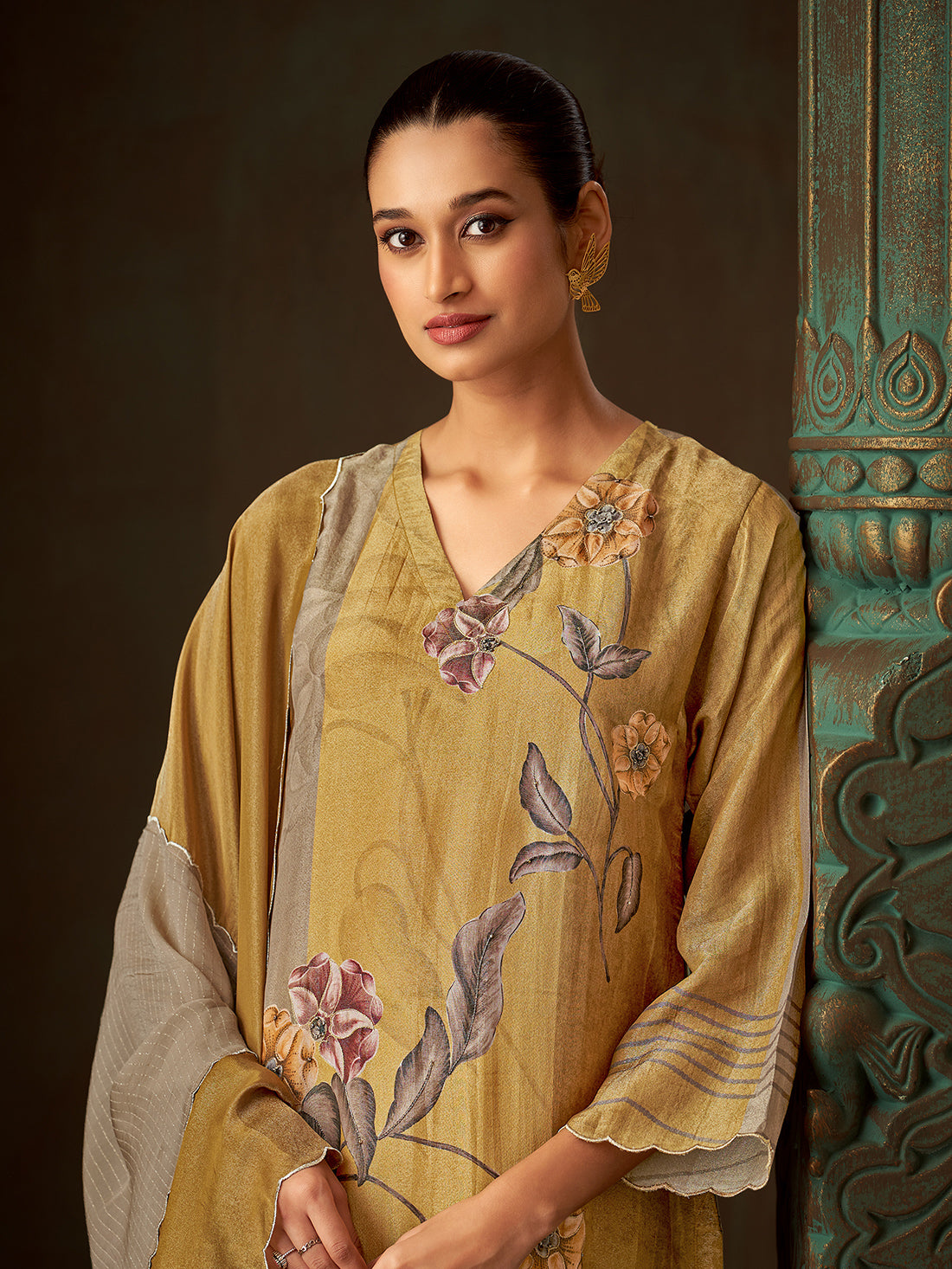 HUSHN Metallic Mehendi - Simmer Suit Set With Handwork & Embroidery