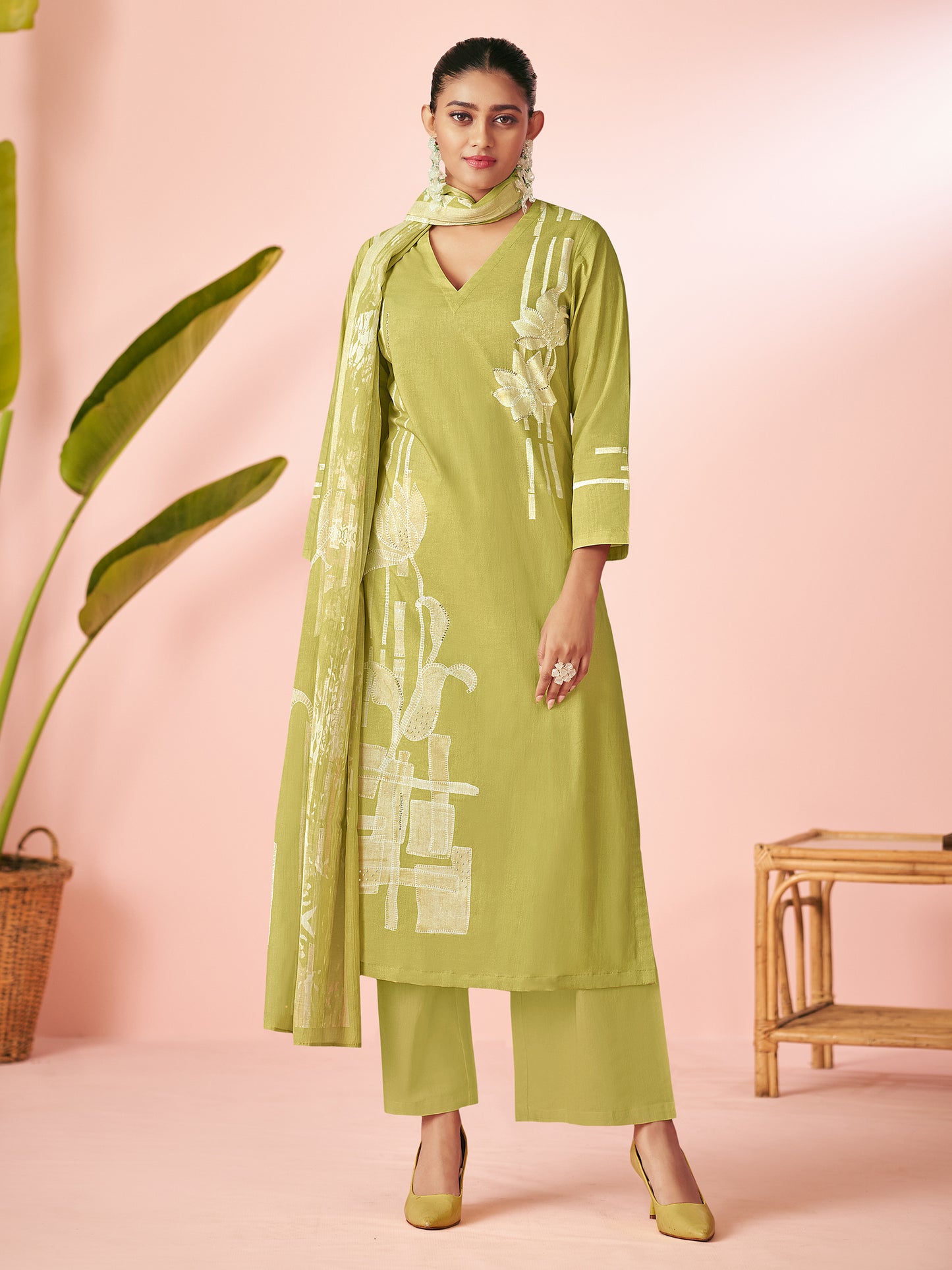 BAHAR GREEN Pure Cotton Unstitched Set with Handwork Elegance