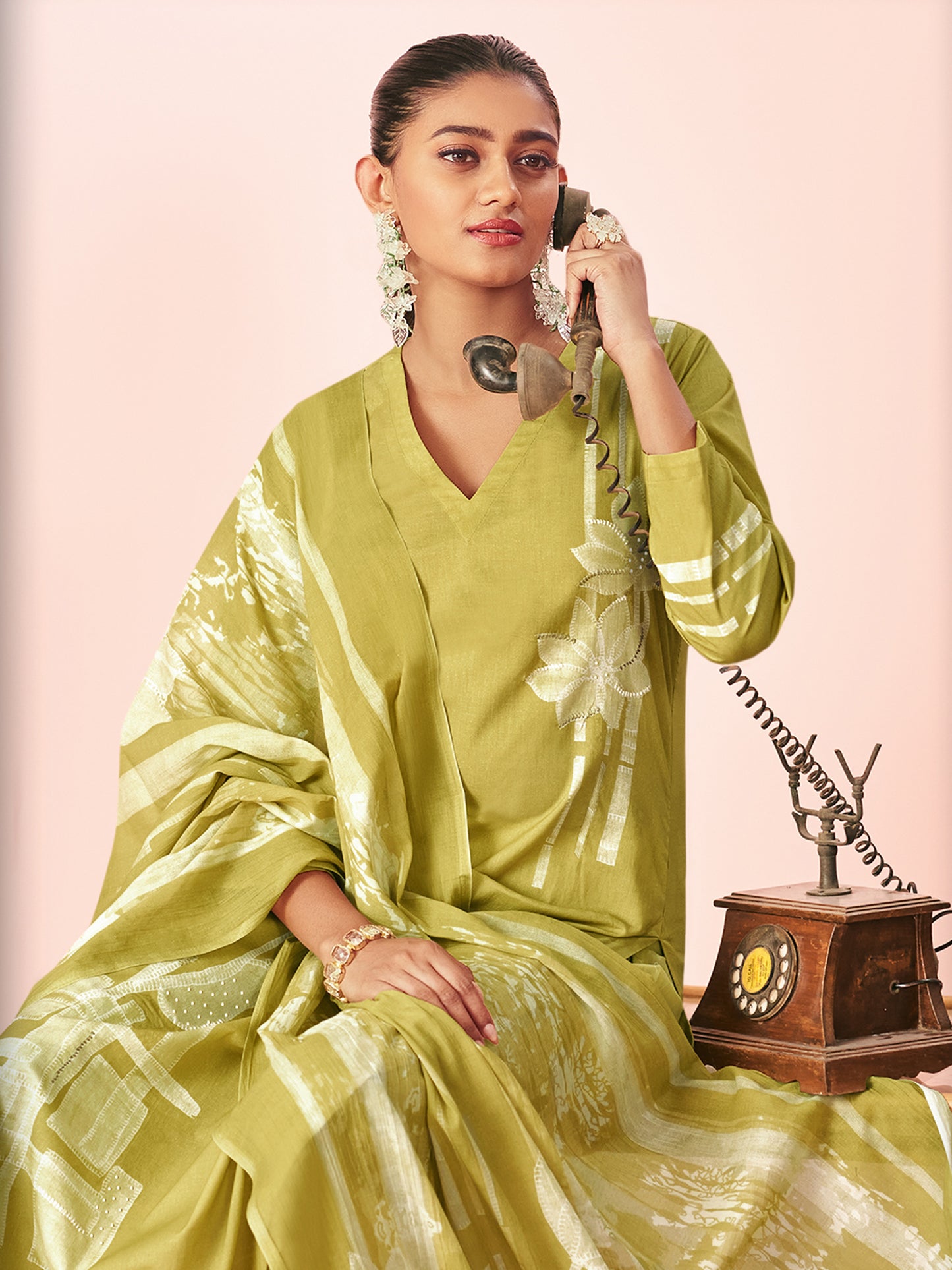 BAHAR GREEN Pure Cotton Unstitched Set with Handwork Elegance