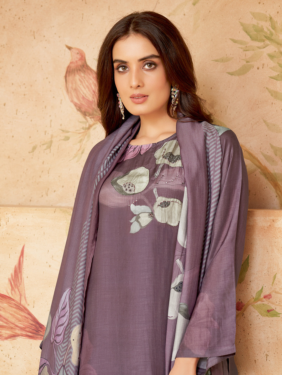 AMIRA WINE Muslin Unstitched Set With Fancy Handwork