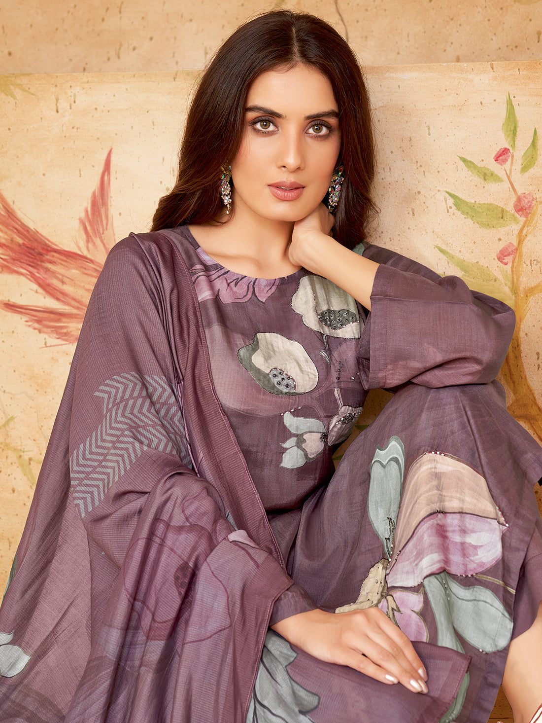 AMIRA WINE Muslin Suit Set With Fancy Handwork
