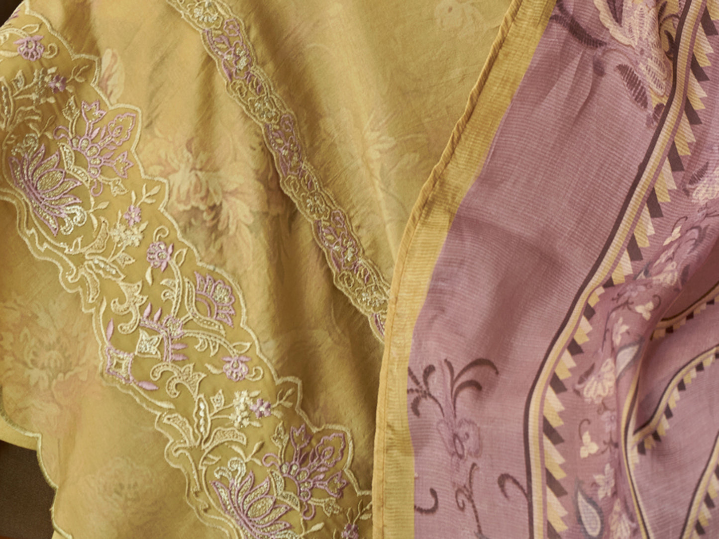 AAYAT Mustard - Russian Unstitched Set With Fancy Handwork & Embroidery