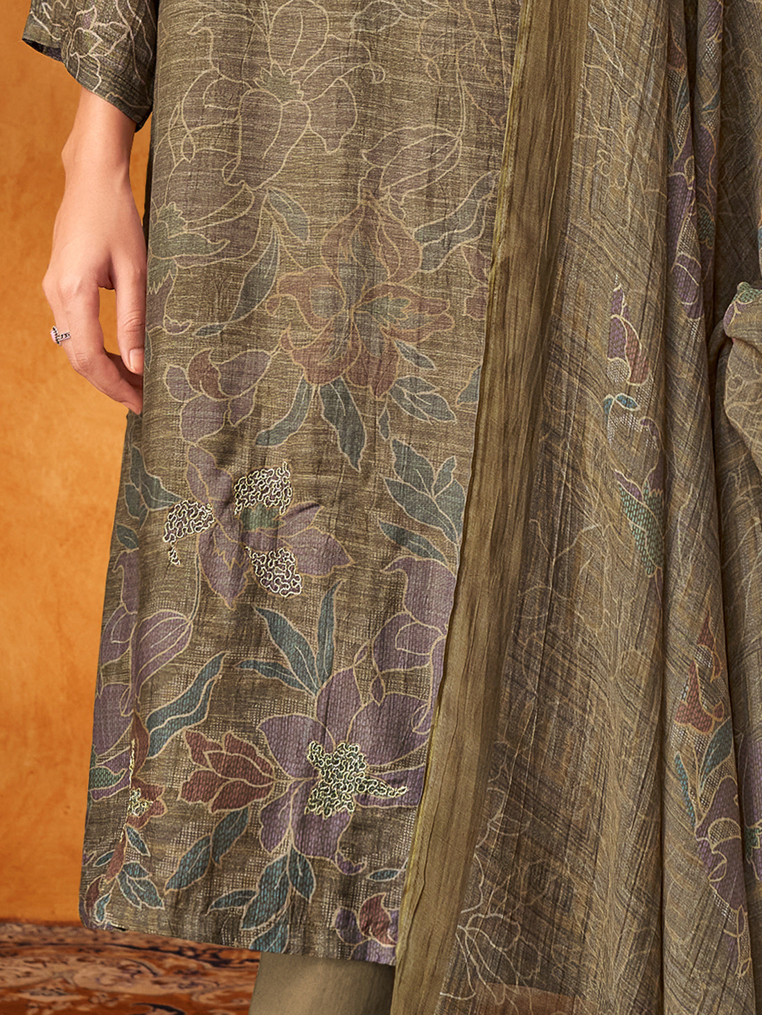 AAROHI Dark chikoo - Muslin Suit Set With Handwork & Embroidery