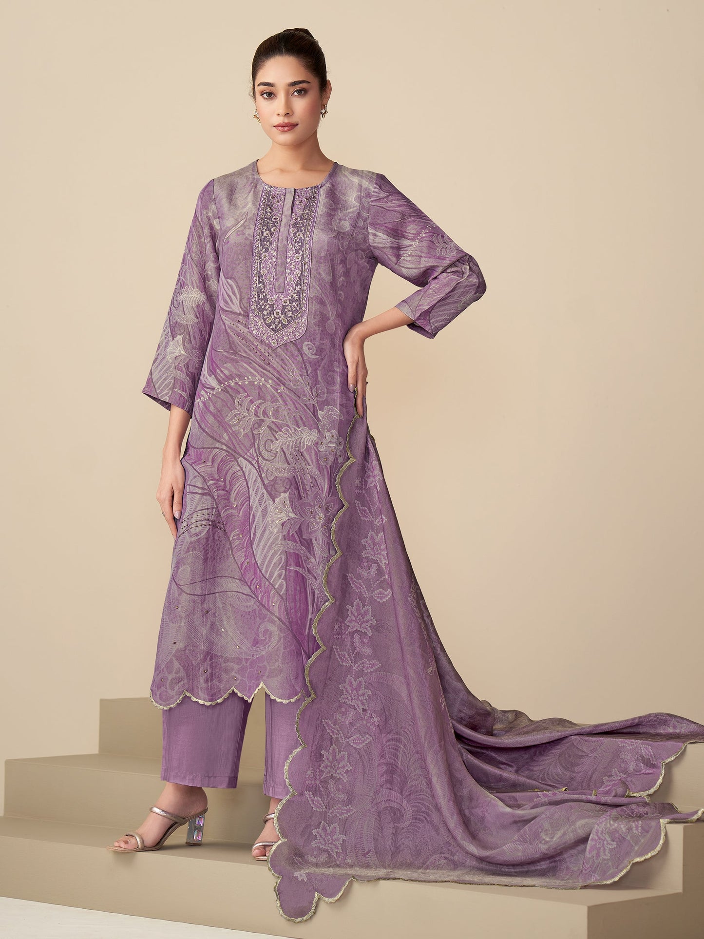 Ramya Luxe Simmer Tissue Kurta Unstitched Set with Dupatta