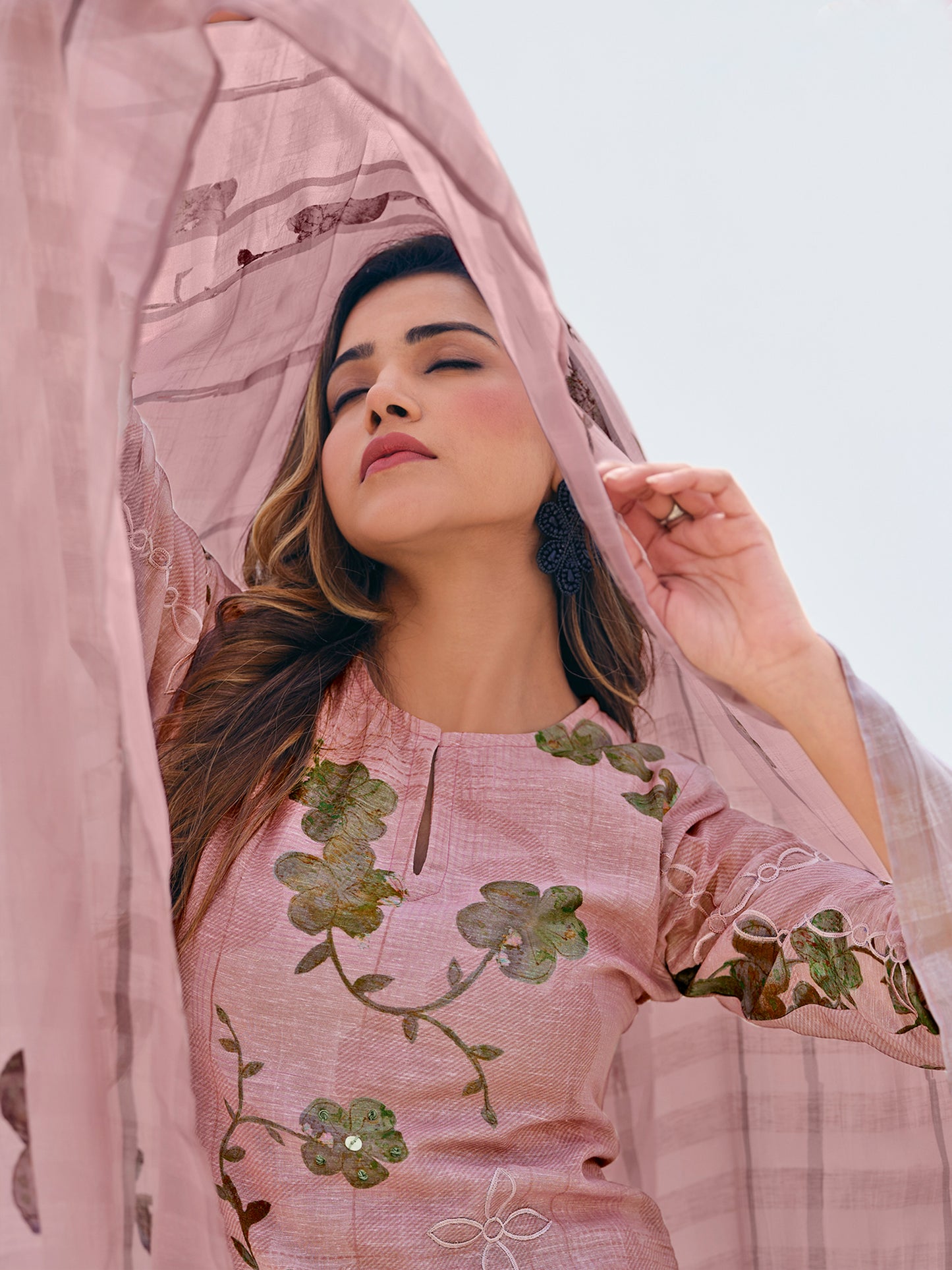 ZAINY LIGHT PINK Pearl Pure Linen Ensemble Suit Set with Signature Embroidery, Cutwork & Handwork