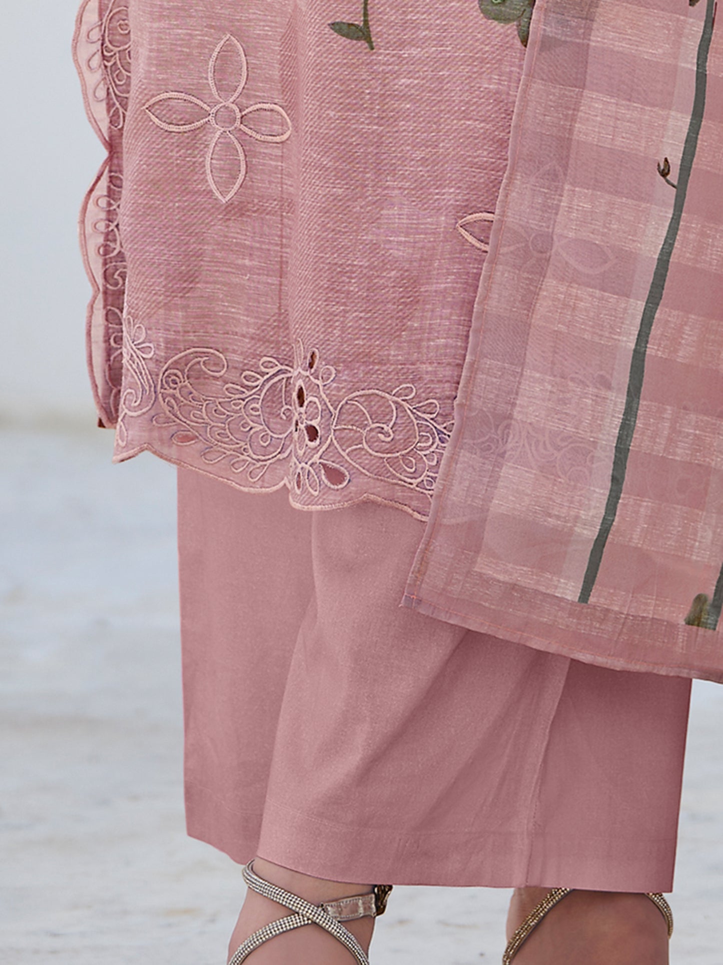ZAINY LIGHT PINK Pearl Pure Linen Ensemble Suit Set with Signature Embroidery, Cutwork & Handwork