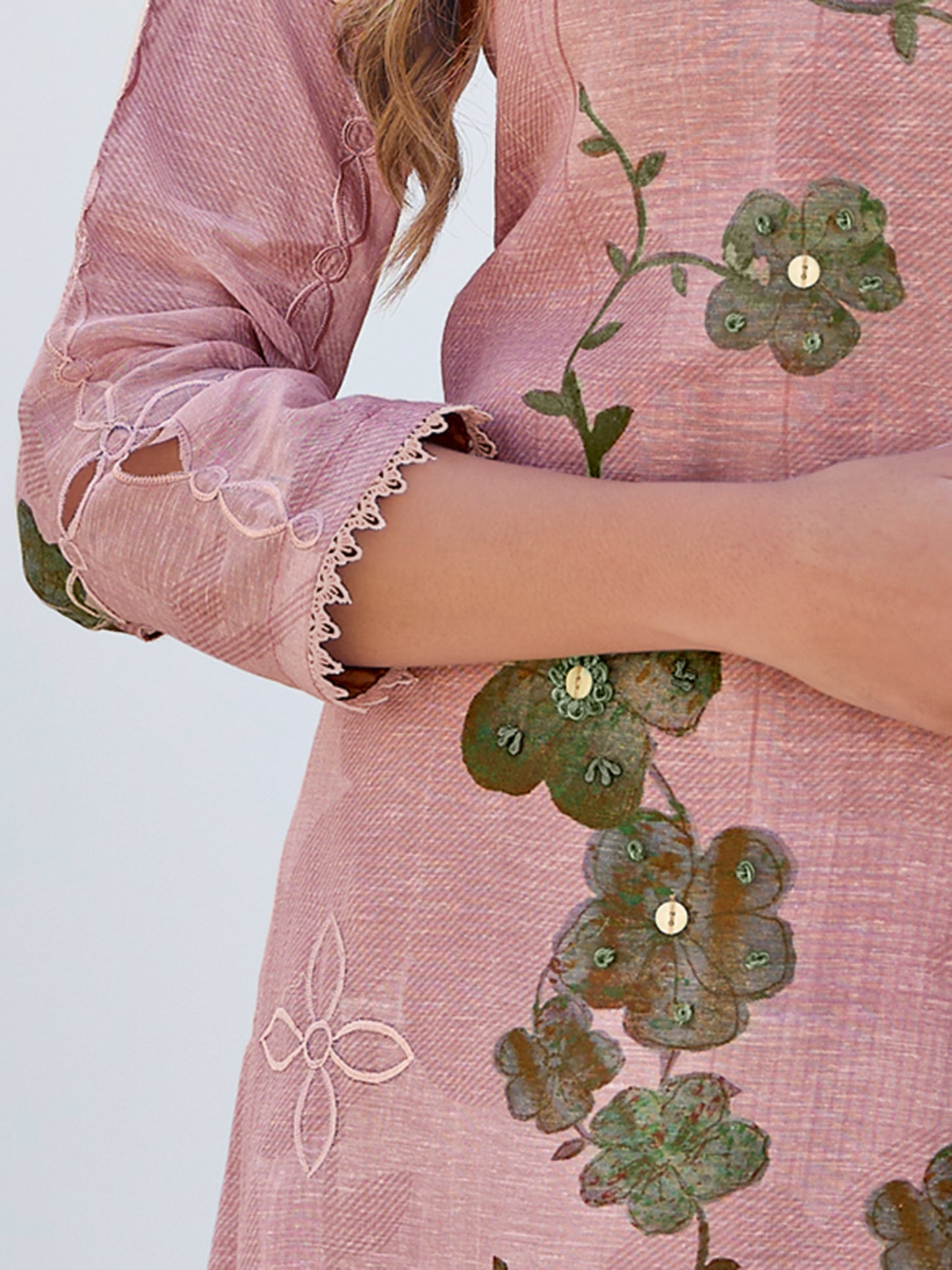 ZAINY LIGHT PINK Pearl Pure Linen Ensemble Suit Set with Signature Embroidery, Cutwork & Handwork