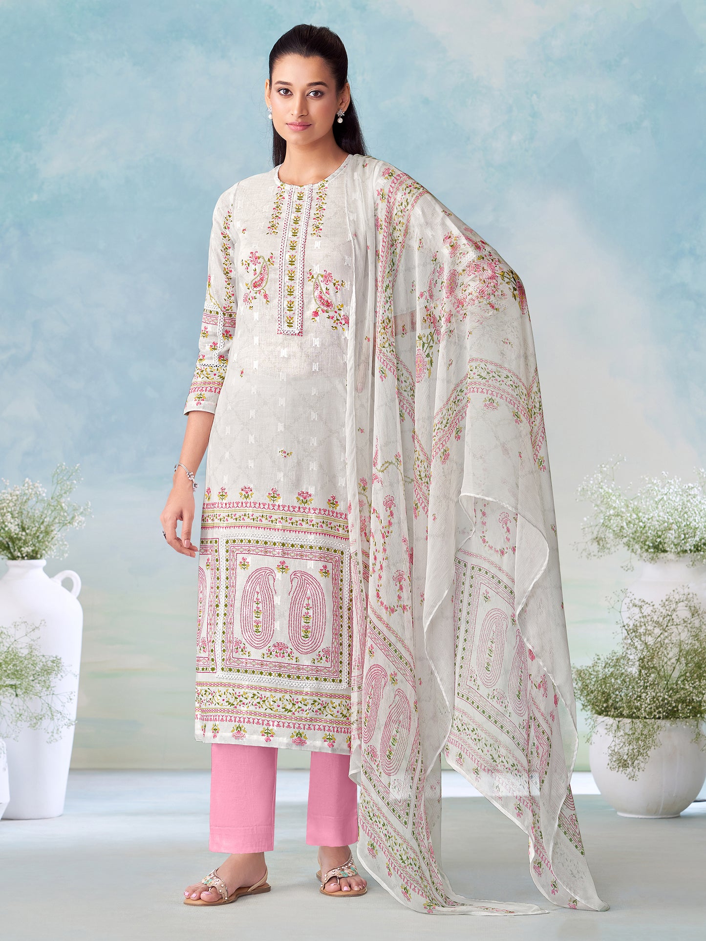 MRUNAL WHITE Pure Cotton Jaquard Unstitched Set with Elegant Handwork