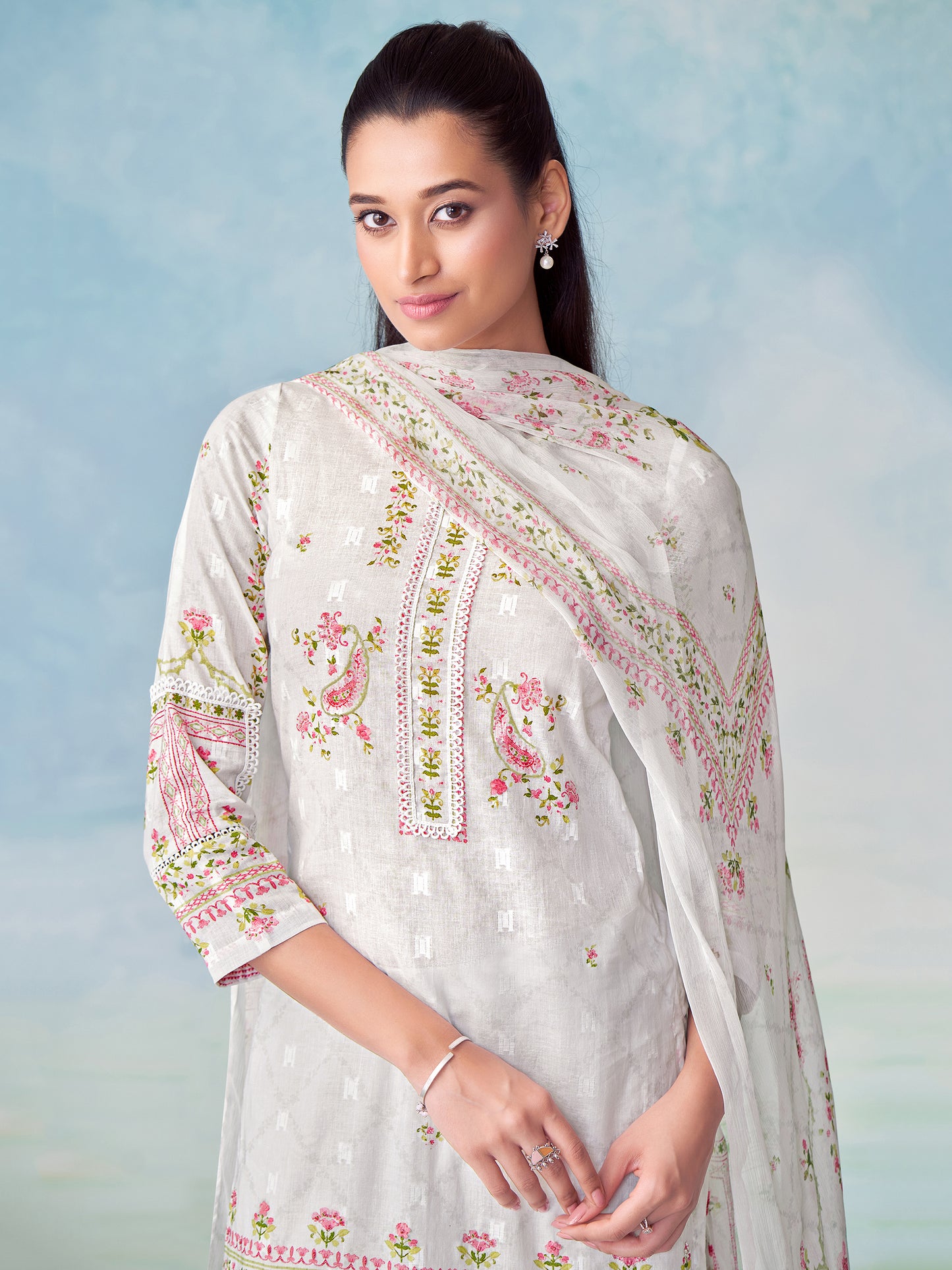 MRUNAL WHITE Pure Cotton Jaquard Unstitched Set with Elegant Handwork