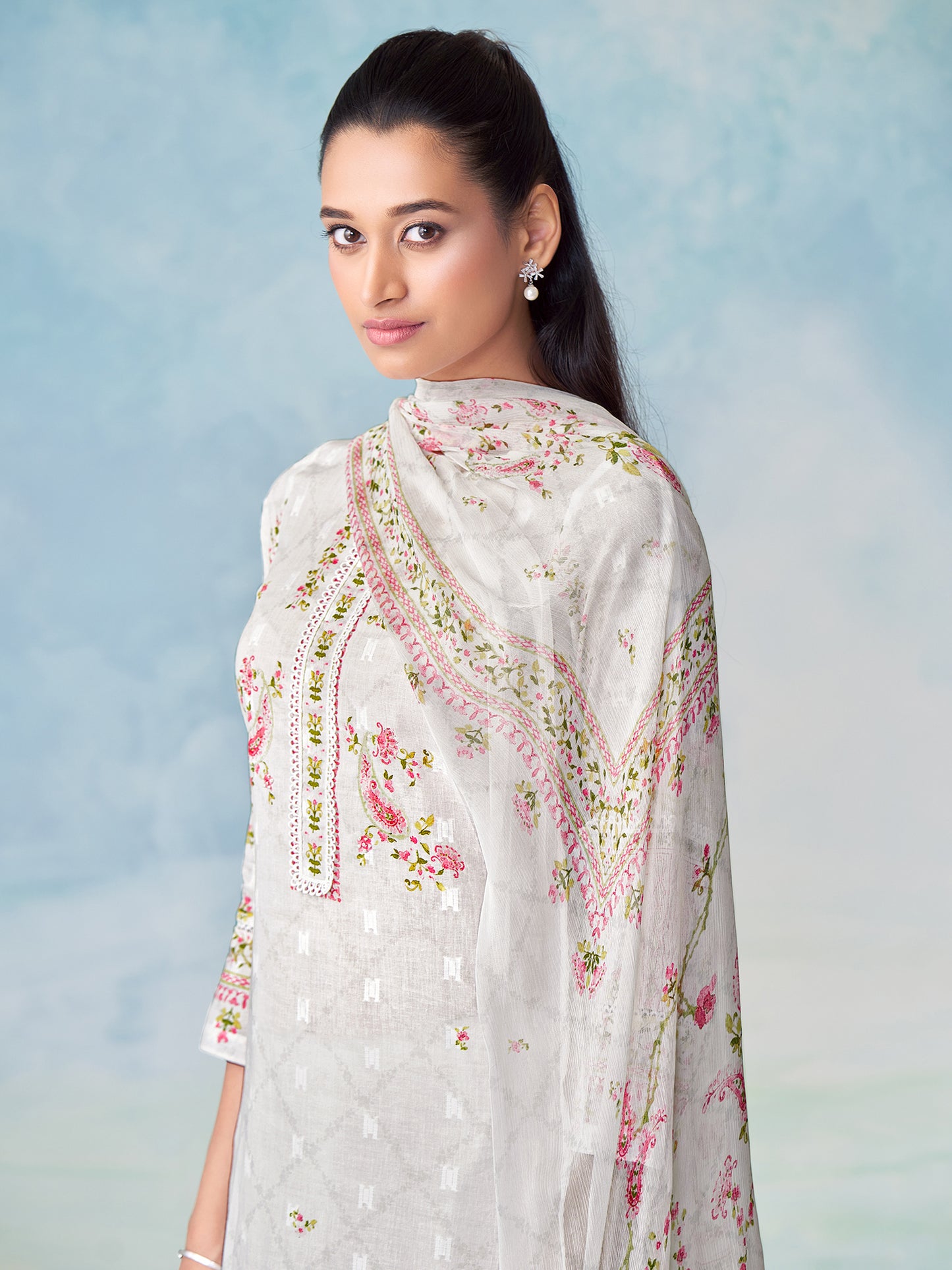 MRUNAL WHITE Pure Cotton Jaquard Unstitched Set with Elegant Handwork