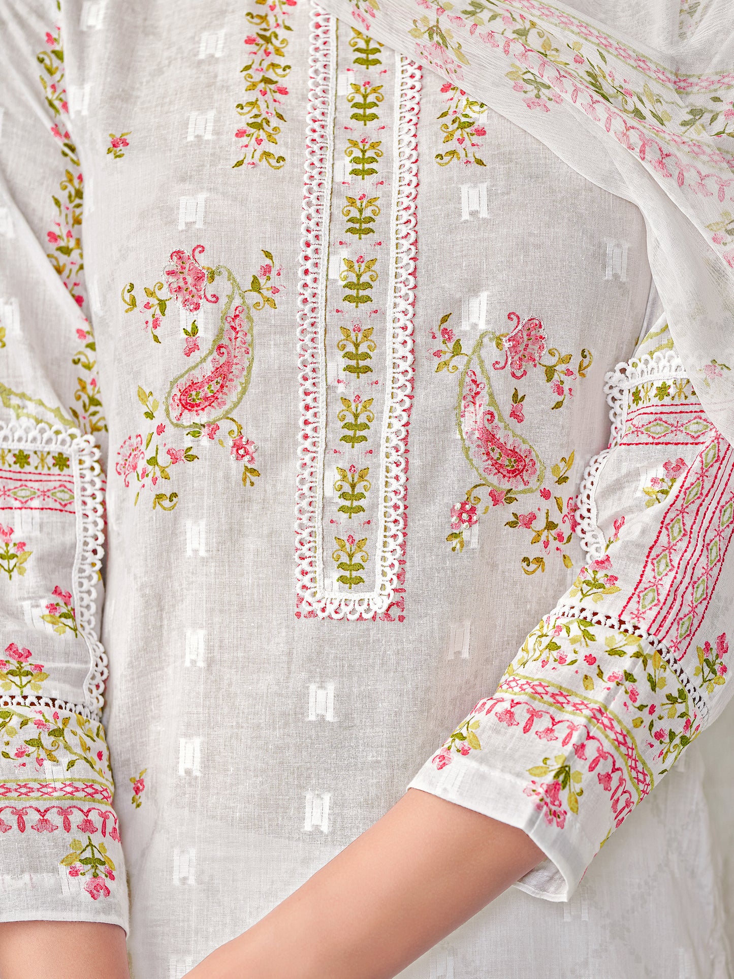 MRUNAL WHITE Pure Cotton Jaquard Unstitched Set with Elegant Handwork