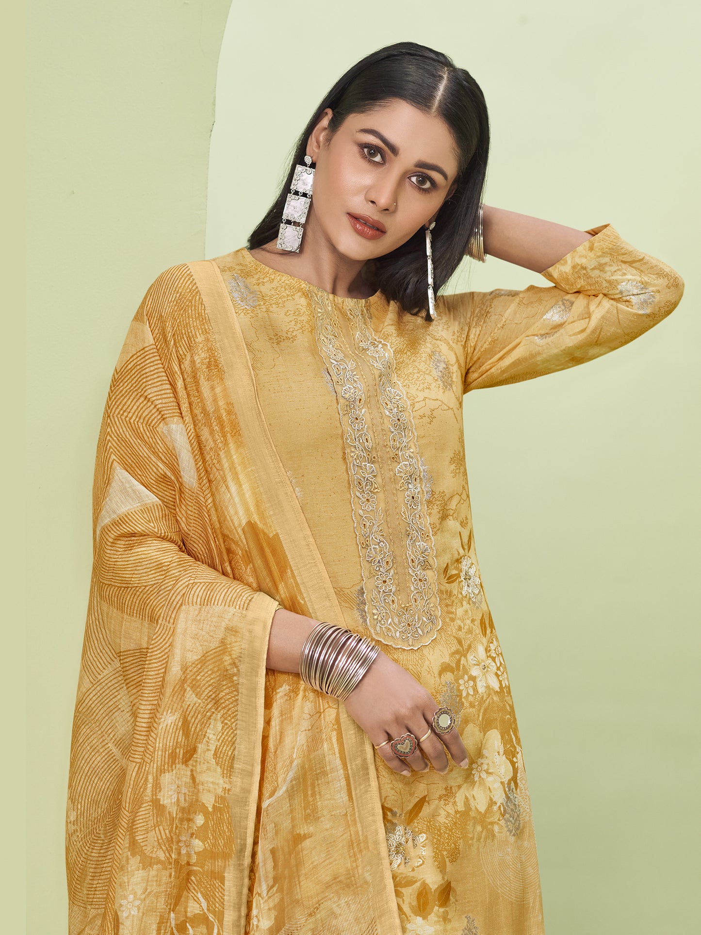 TRIPTI YELLOW Pure Linen Jaquard Suit Set with Eligant Fancy Handwork
