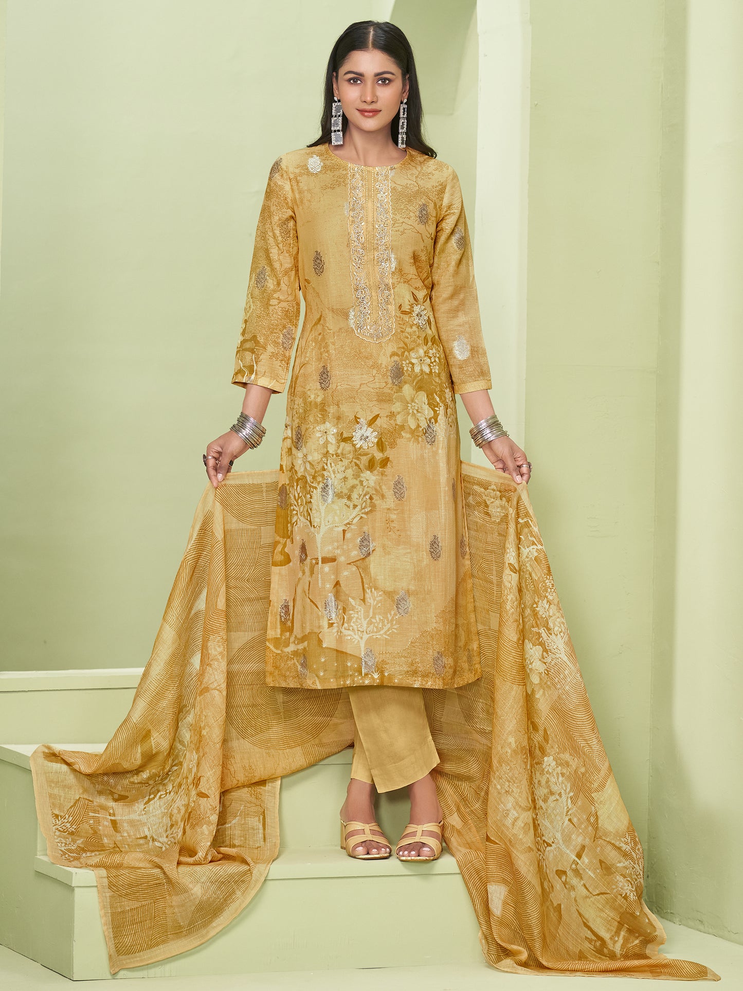 TRIPTI YELLOW Pure Linen Jaquard Suit Set with Eligant Fancy Handwork
