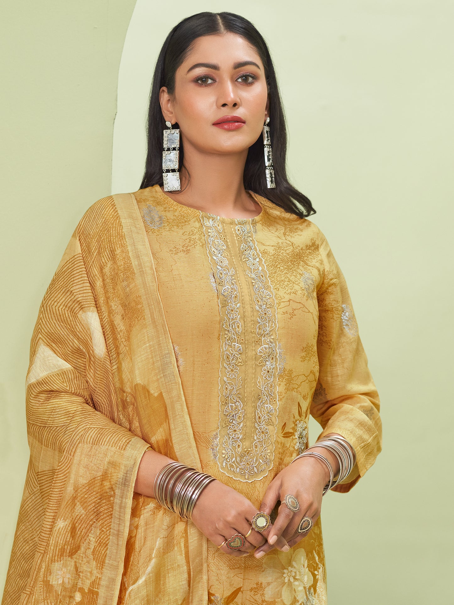 TRIPTI YELLOW Pure Linen Jaquard Suit Set with Eligant Fancy Handwork