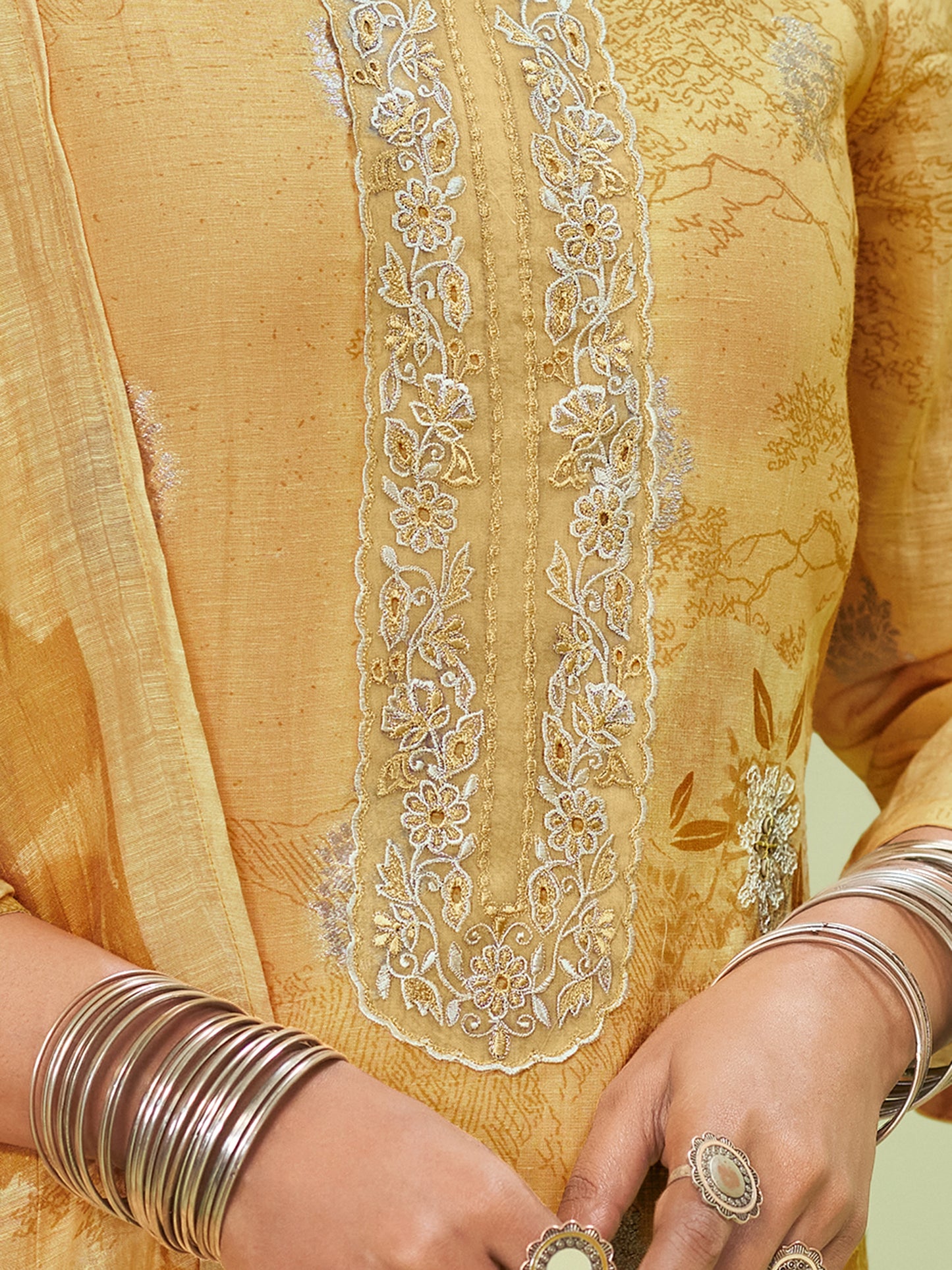 TRIPTI YELLOW Pure Linen Jaquard Suit Set with Eligant Fancy Handwork