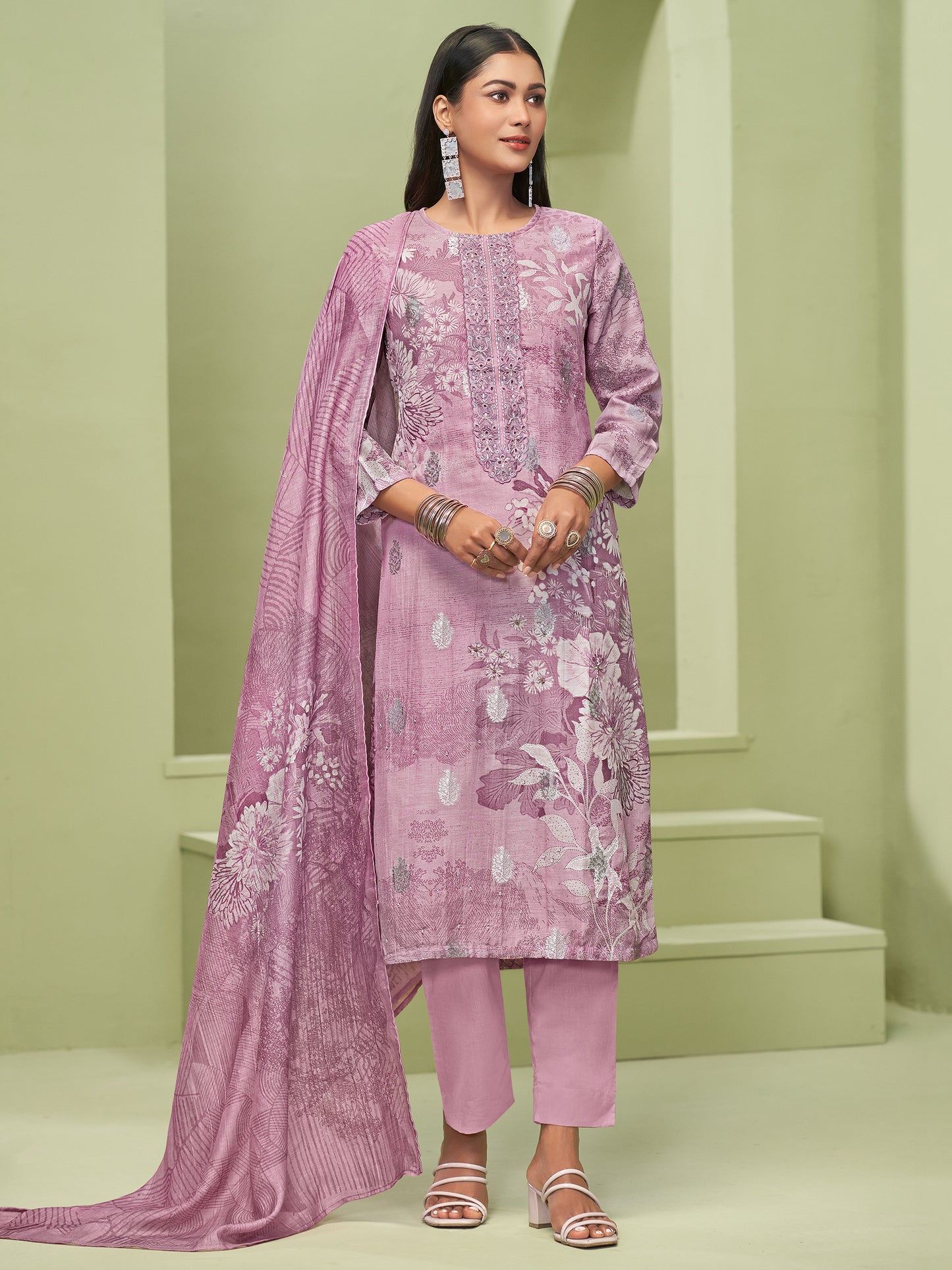 TRIPTI PINK Pure Linen Jaquard Suit Set with Eligant Fancy Handwork